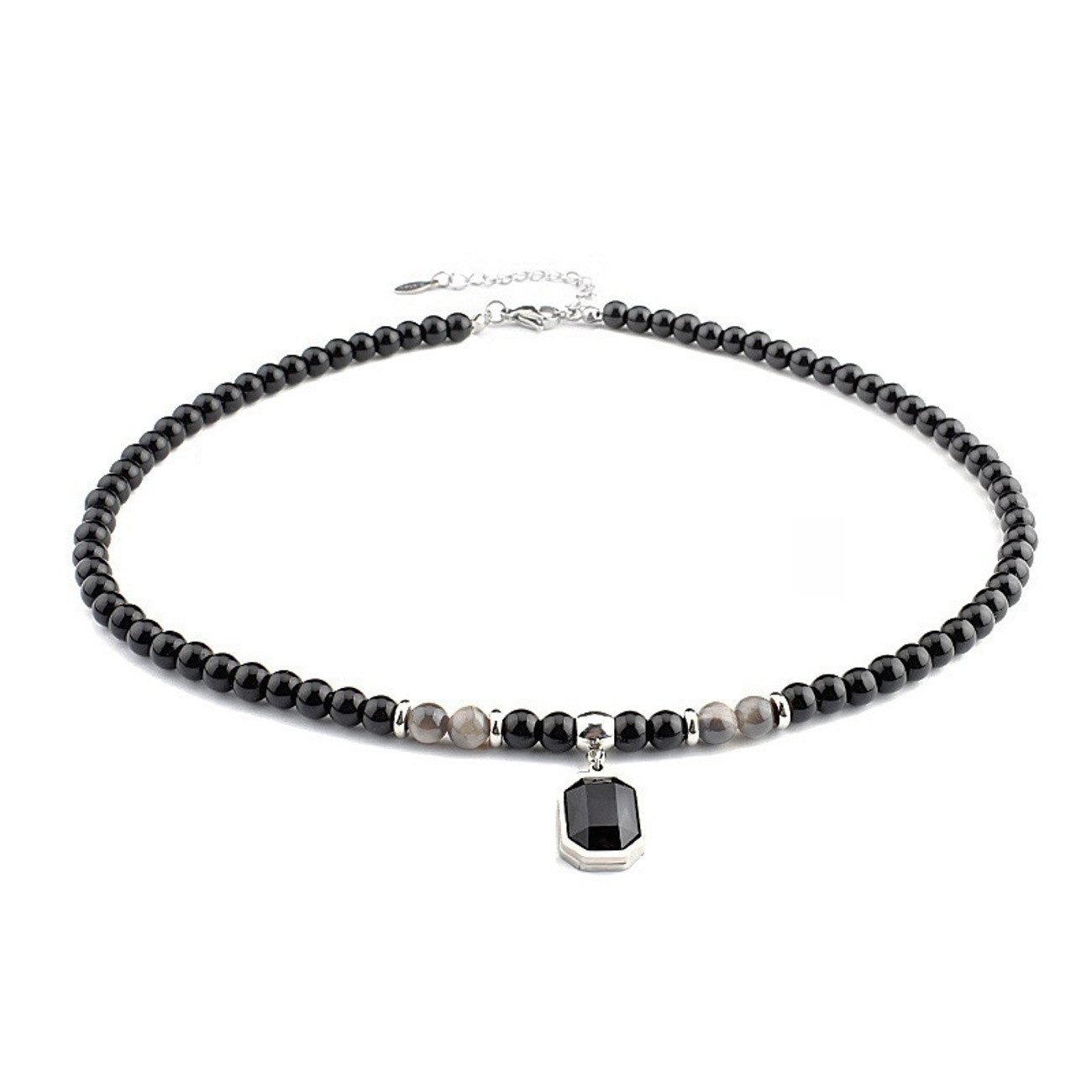 KARMA Perlenkette Schwarz Edelstahl 45 cm Perlen Tigerstein (Edelstahlkette, Herrenhalskette Geschenk für Ihn Halskette), Herren Kette Herrenschmuck Männer