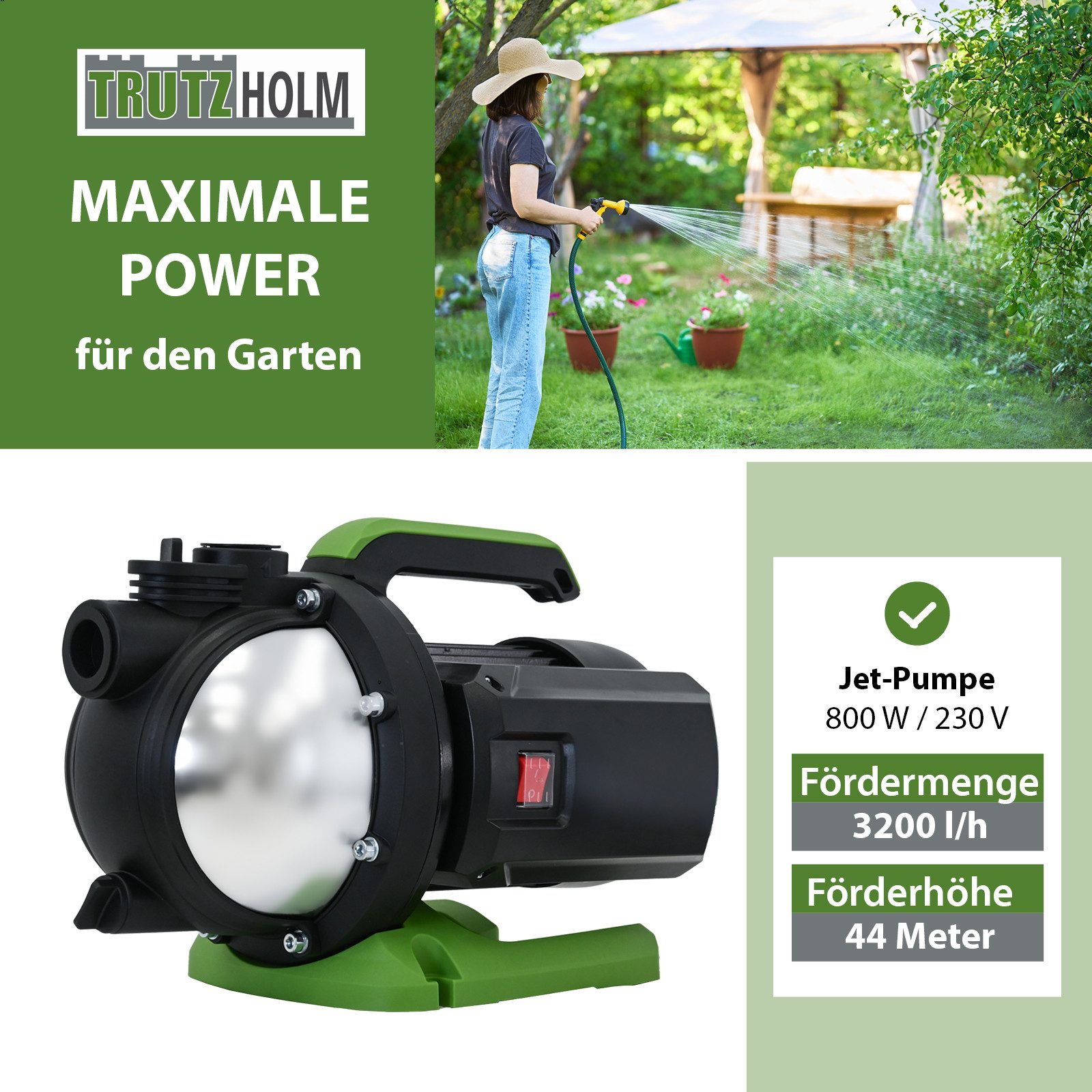 Thumbnail - TRUTZHOLM Gartenpumpe Jetpumpe Edelstahl 800 W 3200 l/h Förderhöhe 44 m Saugpumpe Pumpe, Gartenbewässerung, Wassertransf...