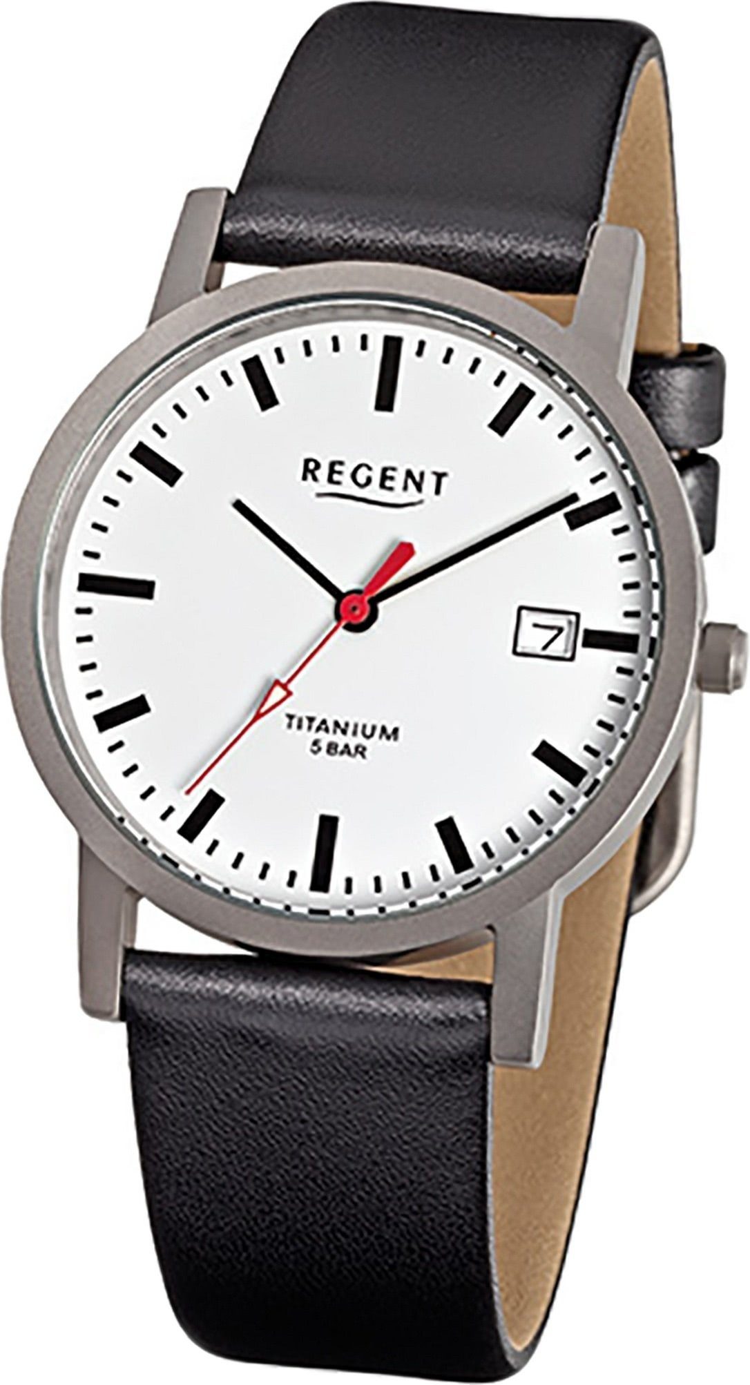 Regent Quarzuhr Regent Leder Herren Uhr F-231 Quarzuhr, Herrenuhr Lederarmband schwarz, rundes Gehäuse, mittel (ca. 34mm)