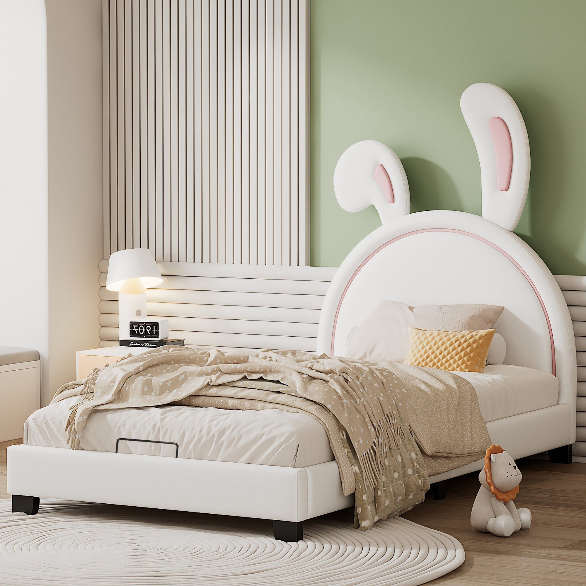 SOFTWEARY Kinderbett Einzelbett mit Lattenrost und Kopfteil (90x200 cm),  Polsterbett, Bezug aus Kunstleder, Jugendbett
