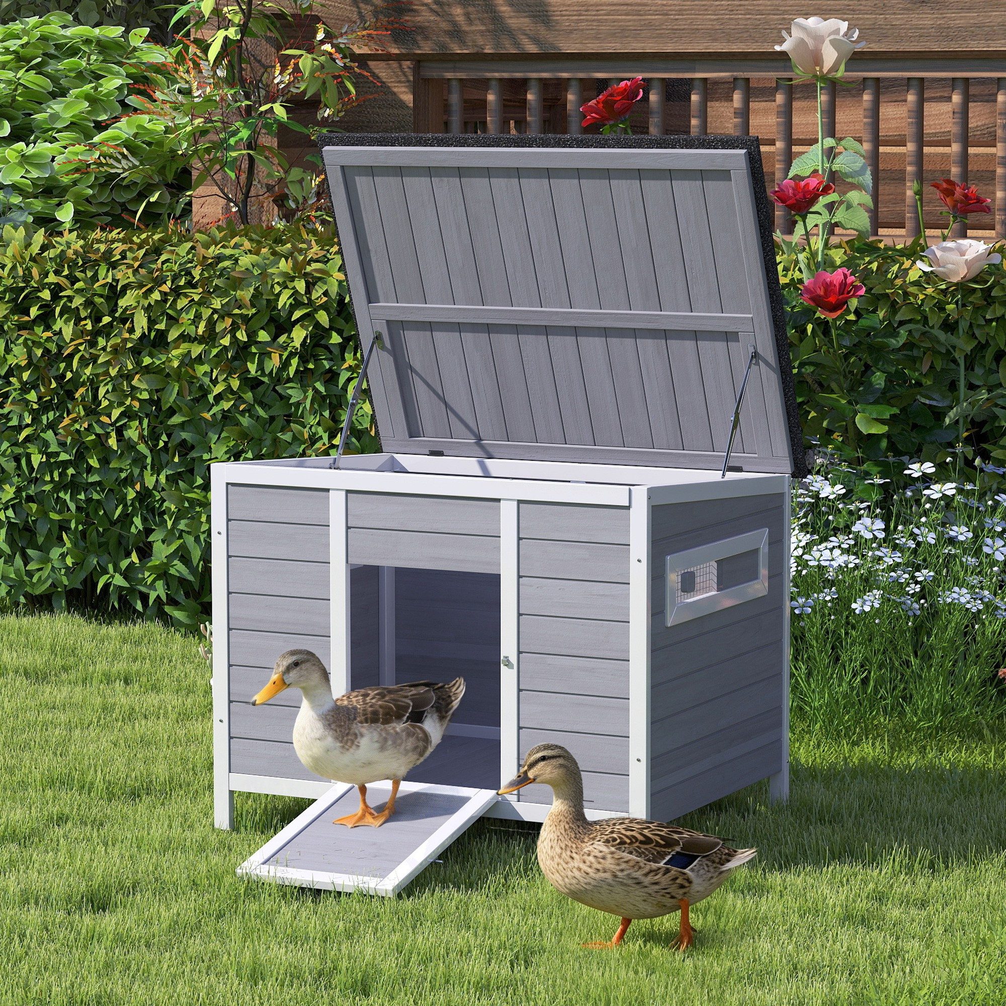 PawHut Kleintierstall Wetterfestes Entenhaus mit herausnehmbarem Boden Schiebefenster, für 2-3 Enten Hühner Grau 93x70x72cm