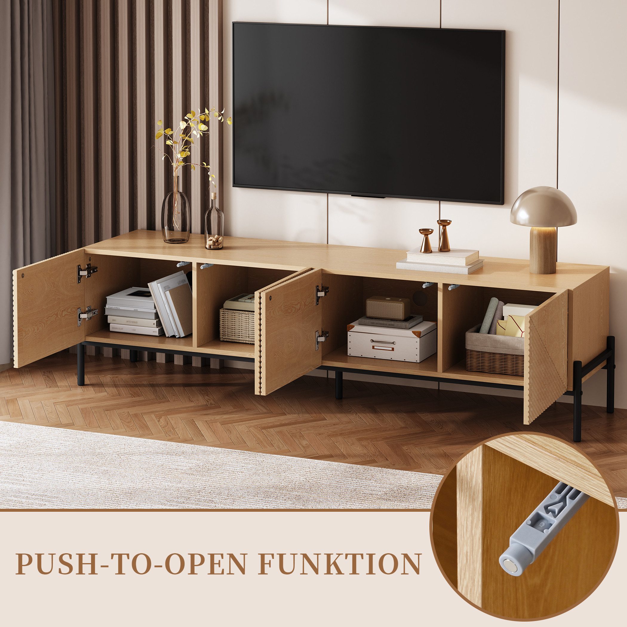SeedWave Lowboard TV-Schrank in Holzoptik, mit 4 Grifflosen Türen, Stauraum, Eisenbeinen, 163cm Fernsehschrank mit Kabeldurchführung – Bild 4 von 5