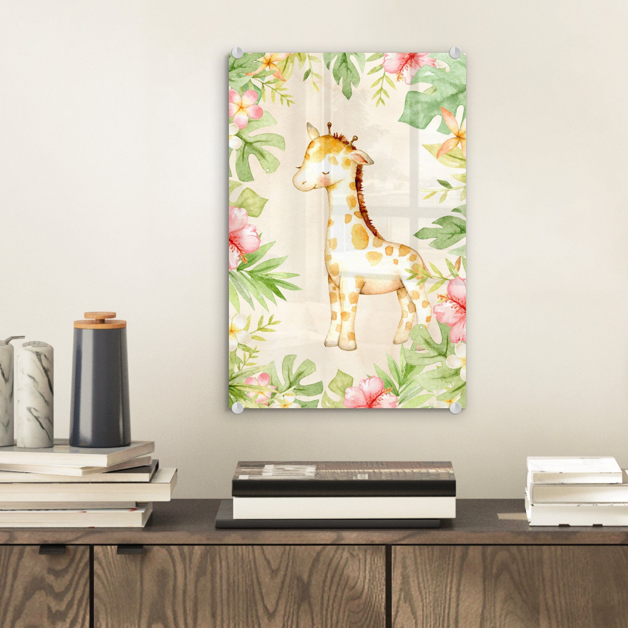 Acrylglasbild Glasbilder - - Giraffe Wanddekoration (1 - Aquarell auf St), Glas auf - Bilder - MuchoWow Foto Wandbild Glas Blumen,