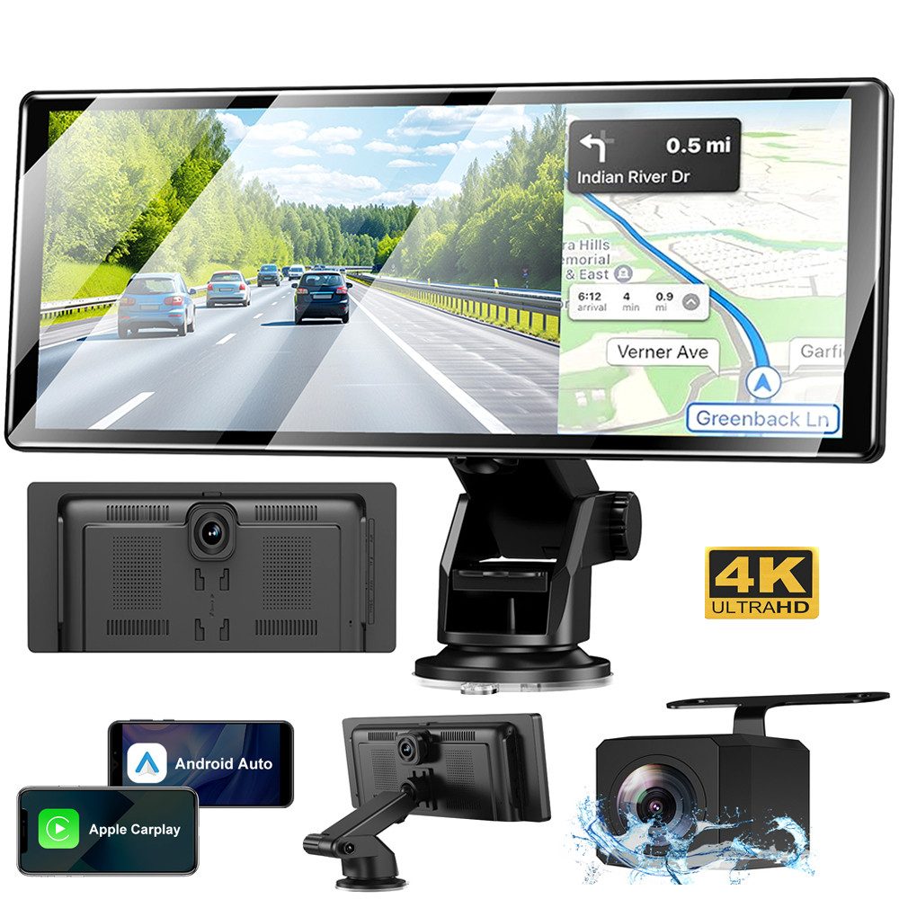 XGODY 11.3" 4K Dashcam Wireless Android Auto Rückfahrkamera CarPlay Dashcam (HD, Touchscreen FM AUX Tragbar Autoradio Rückfahrkamera IPS)
