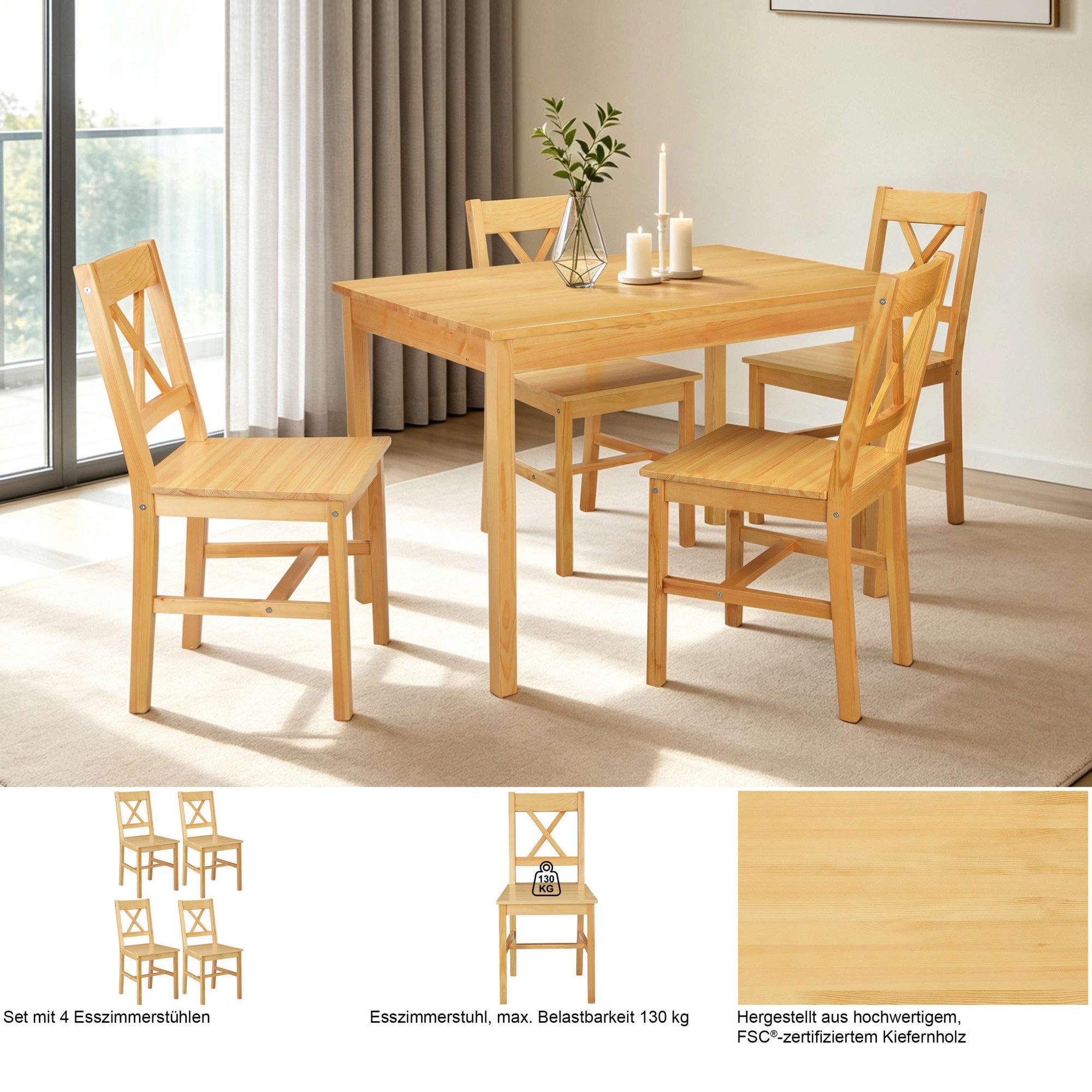 OTTO home Esszimmerstuhl Willow (Set, 4 St), aus massivem Kiefernholz, lackiert, pflegeleicht, bis 130 kg belastbar