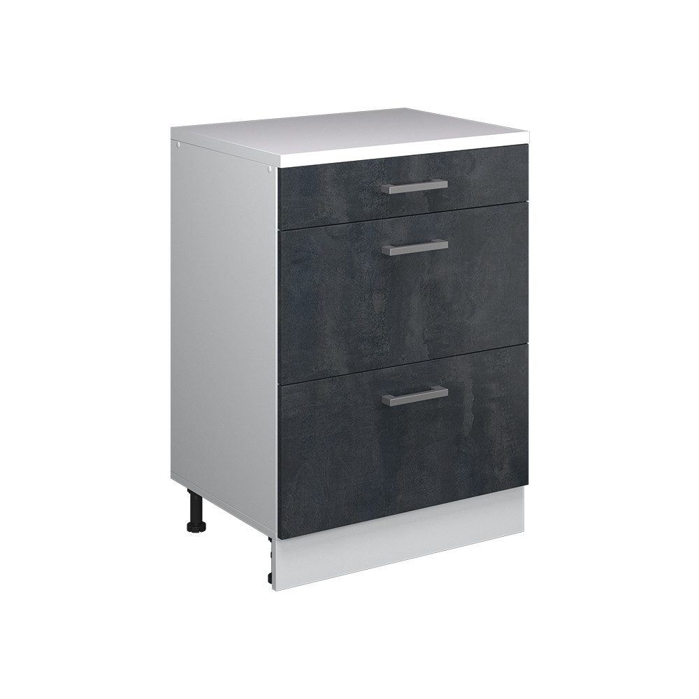 Vicco Unterschrank R-Line, Schwarz Beton, 60 cm ohne Schräge mit 3 Schubladen