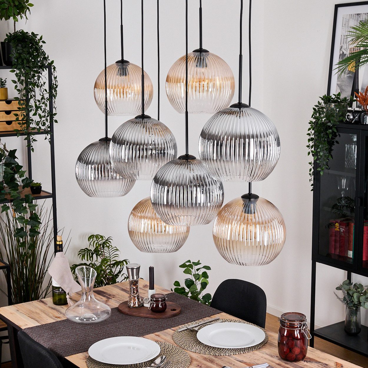 hofstein Hängeleuchte Hängelampe Metall/Holz/Riffelglas, Schwarz/Natur/Bern günstig online kaufen