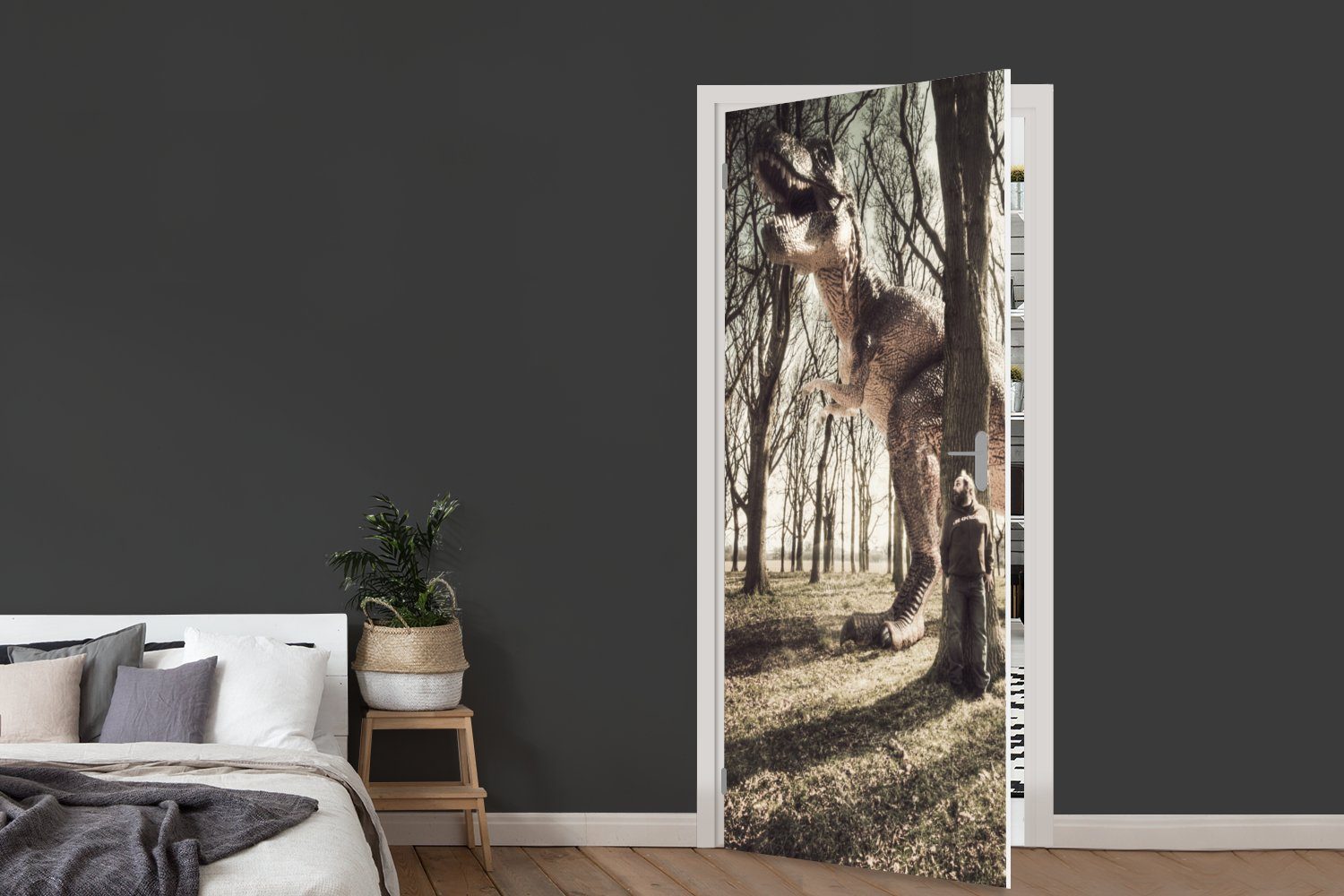 St), Fototapete Tür, MuchoWow für (1 cm - Baum, Matt, Türaufkleber, - Wald Dinosaurier 75x205 Türtapete bedruckt,