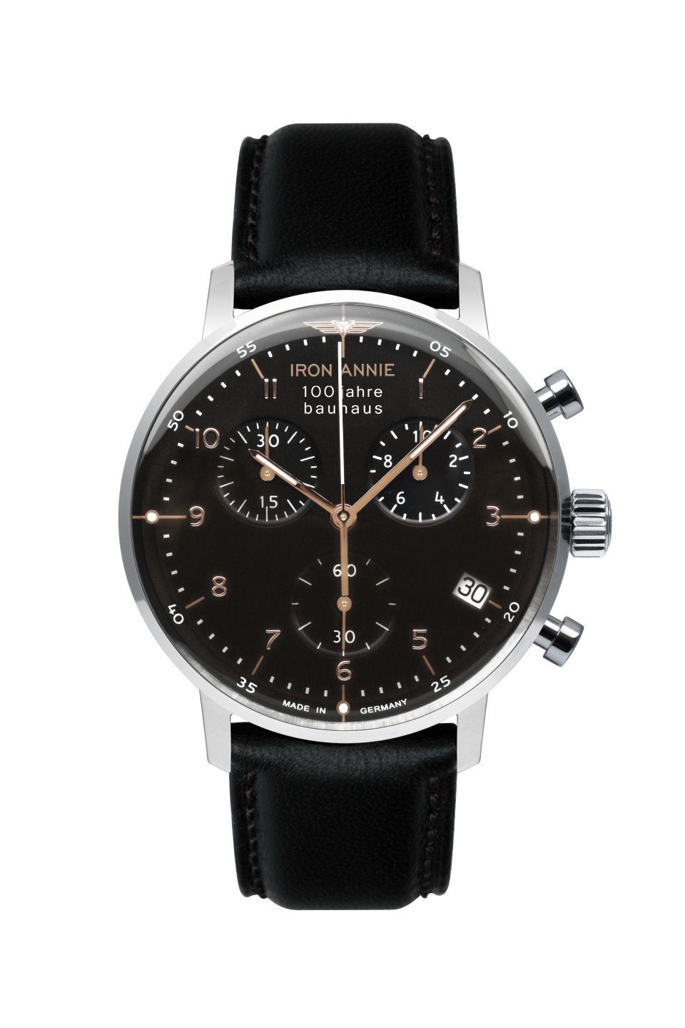 IRON ANNIE Chronograph 100 Jahre Bauhaus Herrenuhr 5096-2 Schwarz Lederband 41 mm, Made in Germany