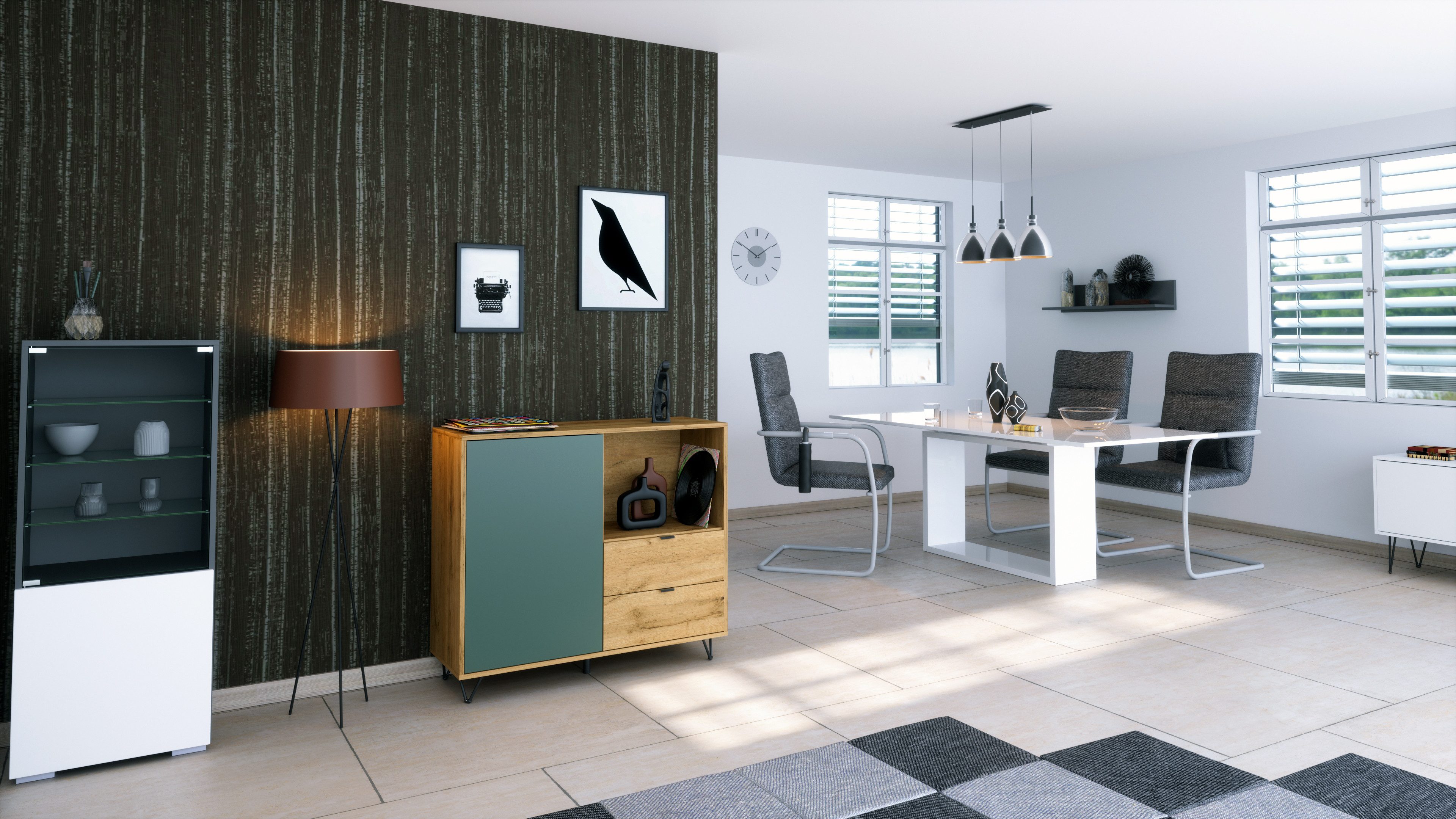 Vladon Kommode Marino (Kommode mit 1 Tür Fjord Grün, 2 Schubladen Eiche Evoke, inkl. LED, Made in Germany), Korpus Eiche Evoke (103 x 90,5 x 37 cm)