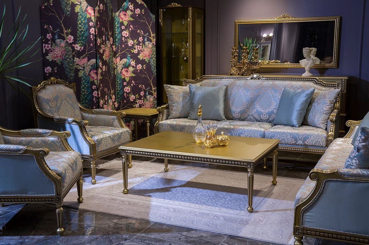 Casa Padrino Möbel x 103 Barock Muster - Wohnzimmer Sofa Sofa und cm - Barock x Wohnzimmer / 206 H. Sofa 72 Hellblau Luxus Gold dekorativen mit elegantem Kissen