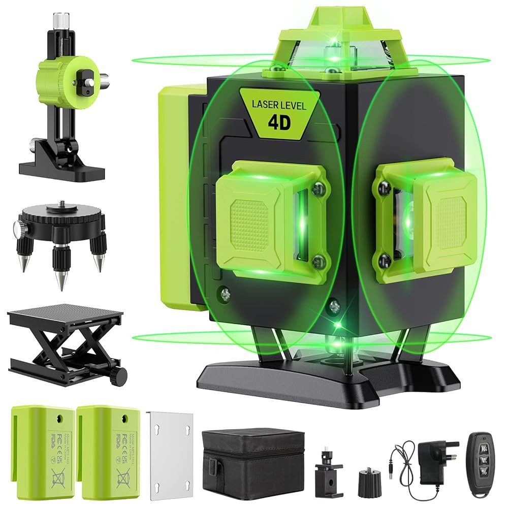 AeroAxis Laserwasserwaage 4D Kreuzlinienlaser, 16 grüne 360°-Linien, Selbstnivellierend, IP54, (Set), 4x 360°-Design, Fernbedienung, 2x Batterie für Innenbereich Baustelle