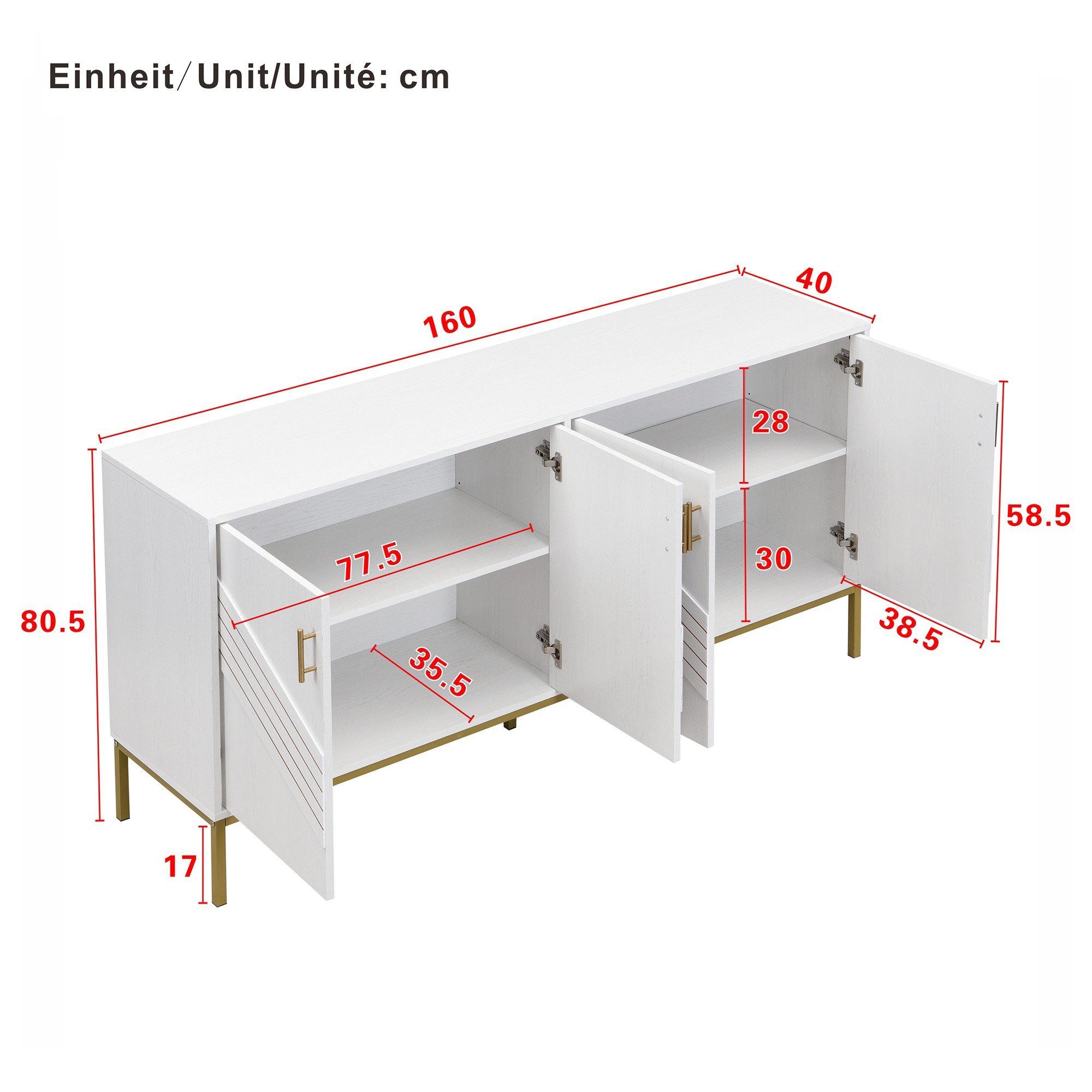 IDEASY Sideboard 4-türiges Sideboard Weiß-Gold, MDF & Metallbeine, Höhenverstellbar, großer Stauraum für Wohnbereich