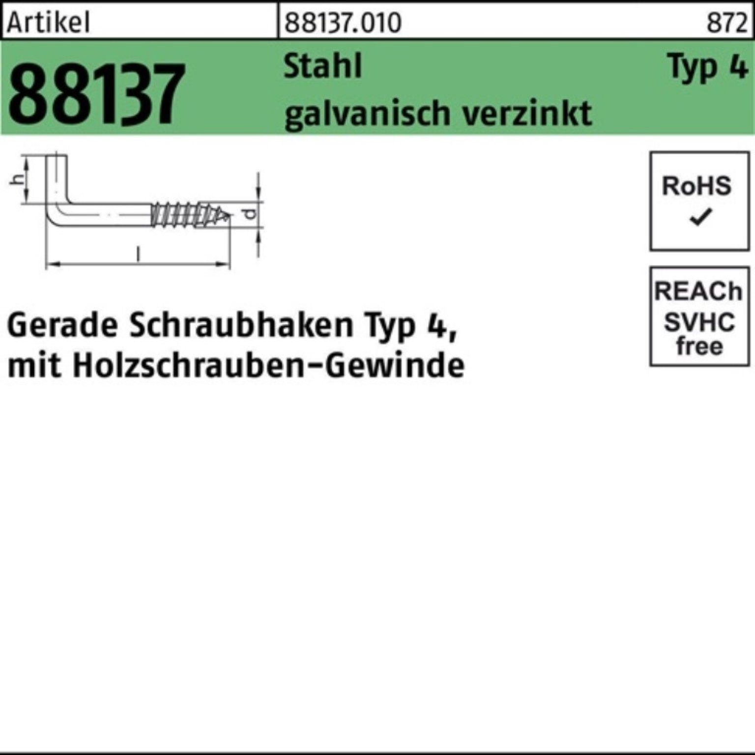 Reyher Schraubhaken 200er Pack Schraubhaken R 88137 Typ 4 gerade 20x 2,8x 8 Stahl galv.ver
