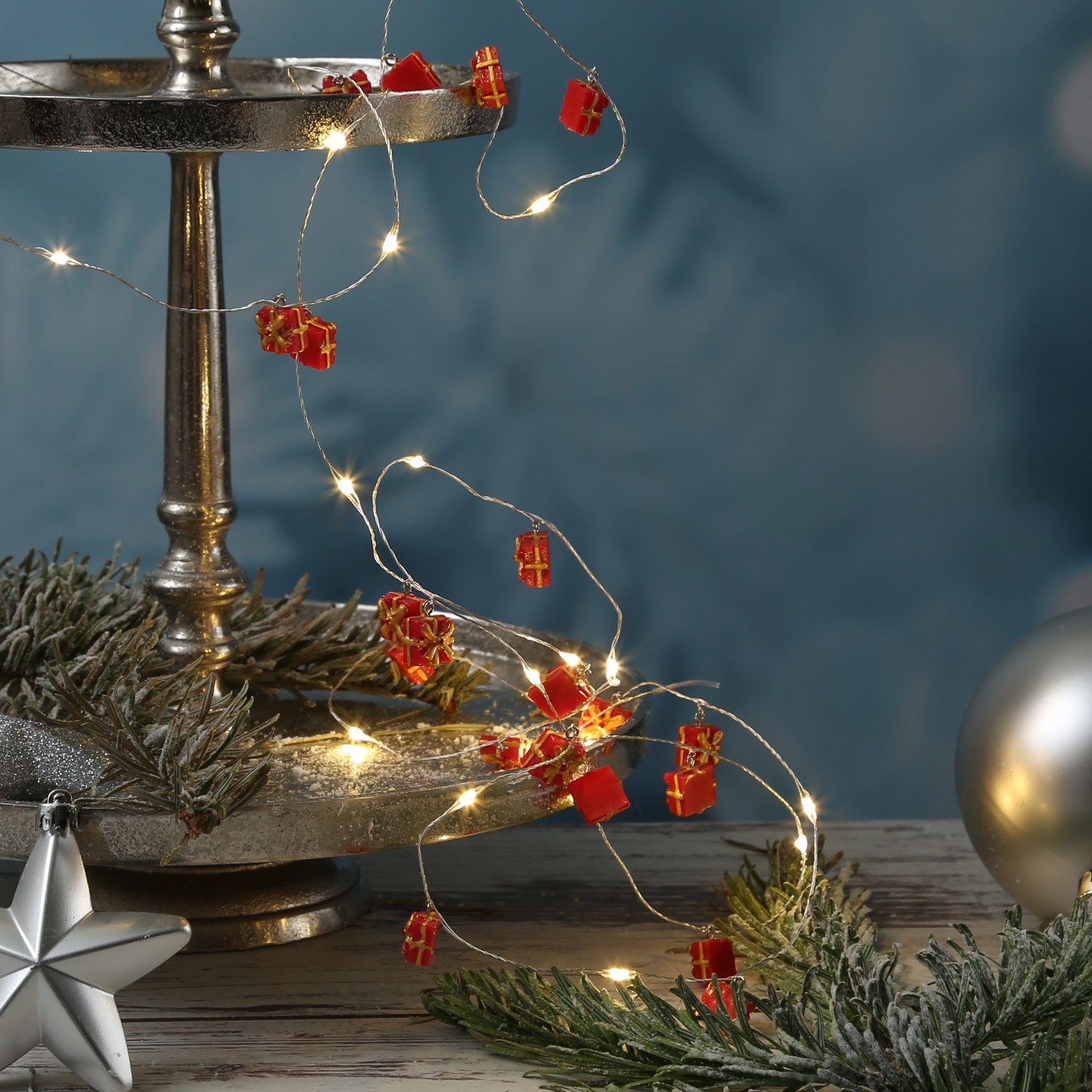 MARELIDA LED-Lichterkette Geschenke 20 LED Timer Silberdraht Weihnachtsdeko  rot, 20-flammig | Lichternetze