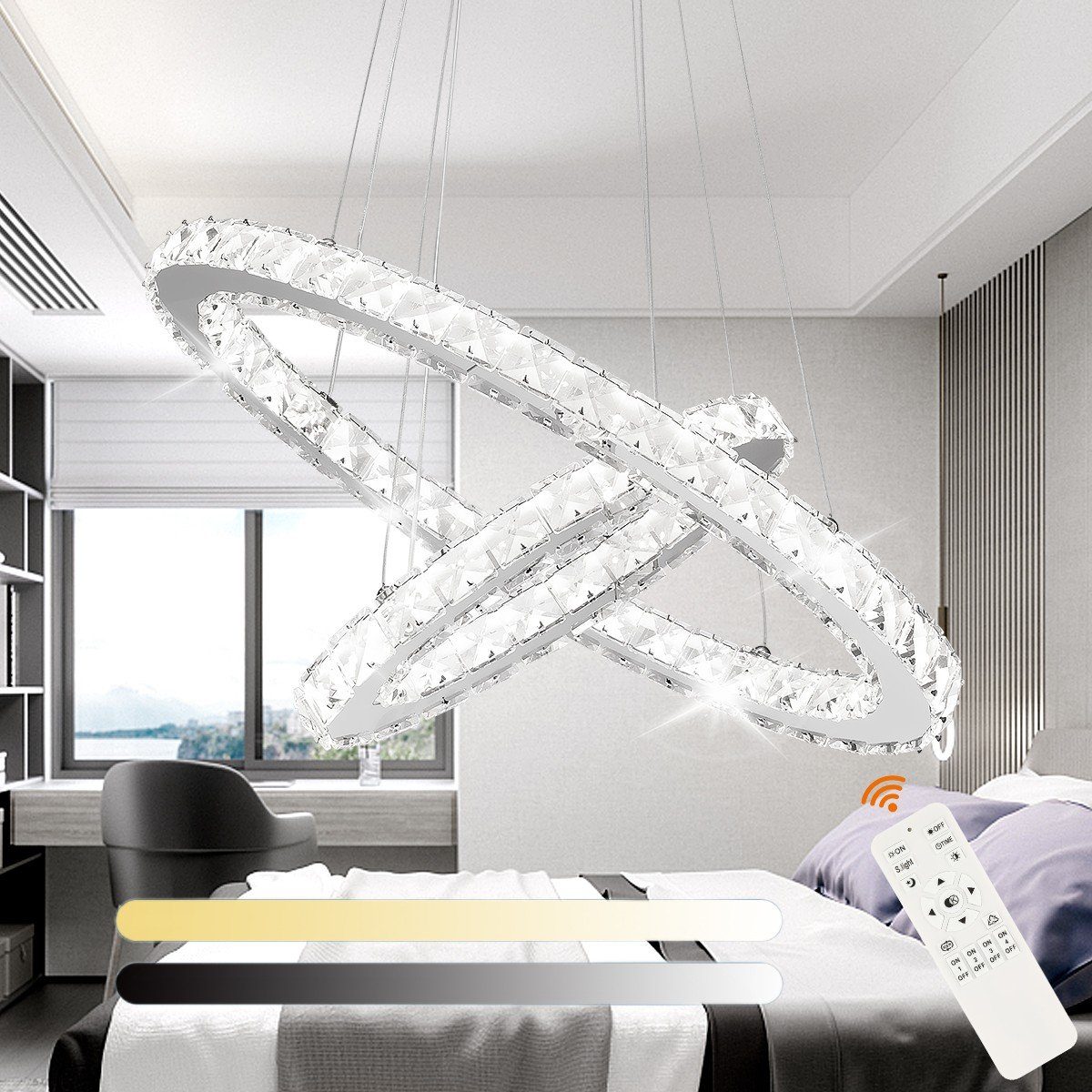 LETGOSPT Deckenleuchte 36W LED Kronleuchter Dimmbar Hängelampe Deckenleuchte  Pendelleuchte, LED fest integriert, kaltweiß, neutralweiß, warmweiß, Zwei  Ringe, für Wohnzimmer Flur Schlafzimmer