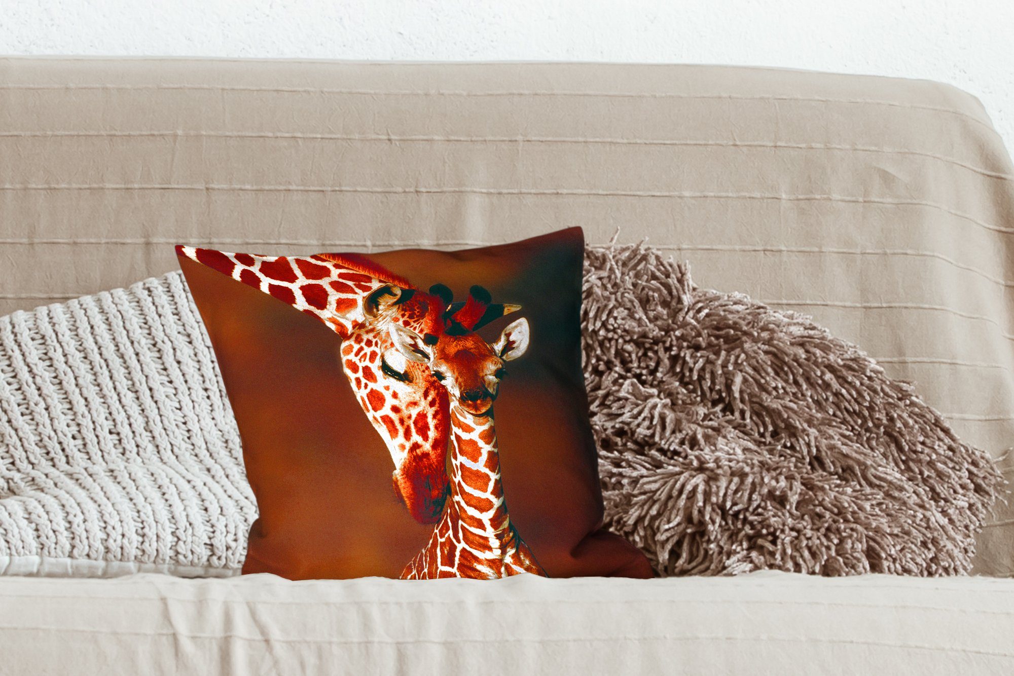 mit Giraffe MuchoWow Deko, Füllung Zierkissen - für Schlafzimmer, - Dekokissen Sofakissen Kalb Wohzimmer, Porträt,