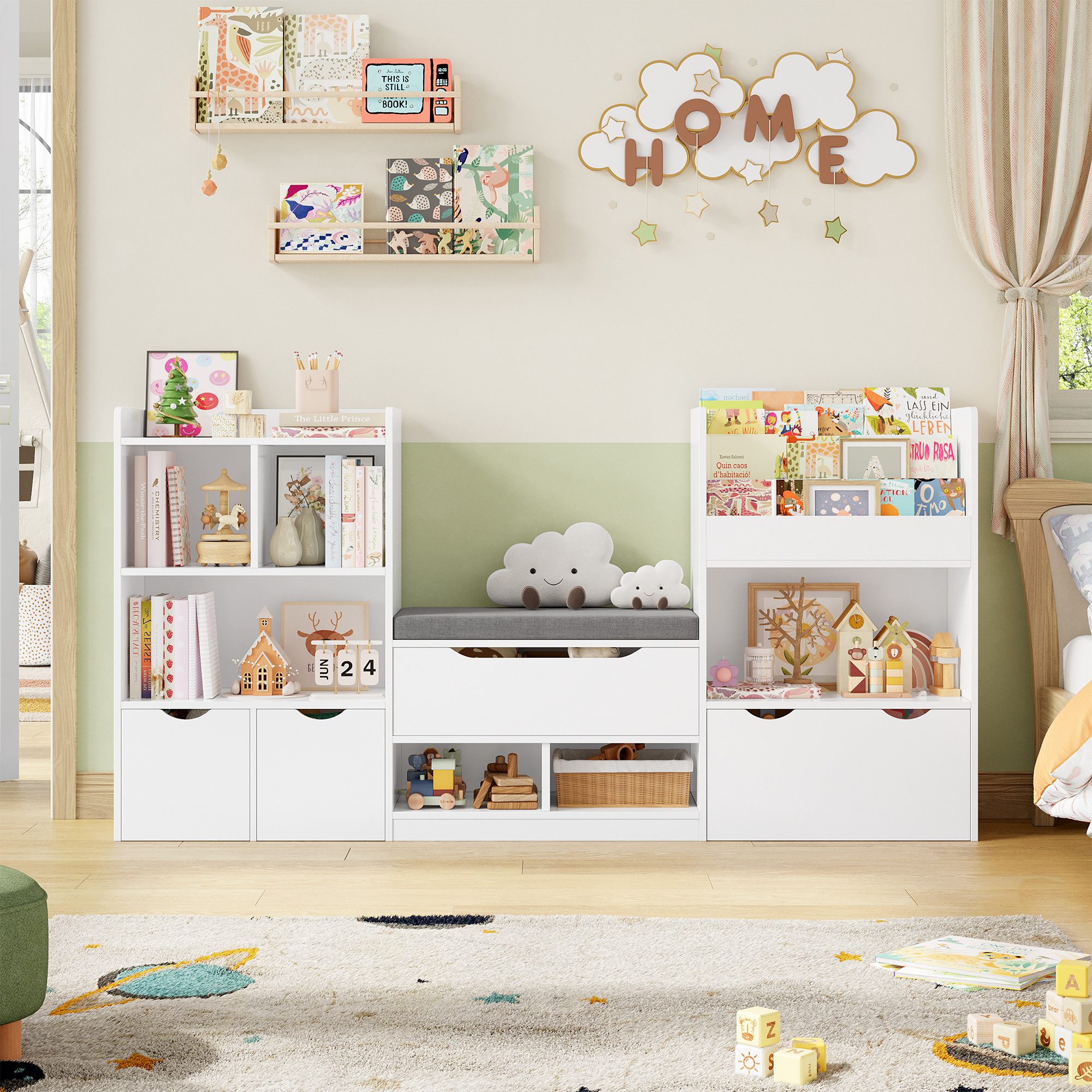 Homfa Sitzbank Kinderregal mit 3 Schubladen auf Räder 183x94x29,8 cm, Spiel günstig online kaufen