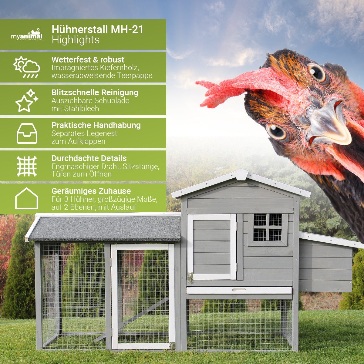 My Animal Hühnerstall MH-21 für 3-4 Hühner - Wetterbeständig - Kieferholz, Hühnerhaus, Hühner Käfig, Gehege, Nistkasten, Hühnerstall