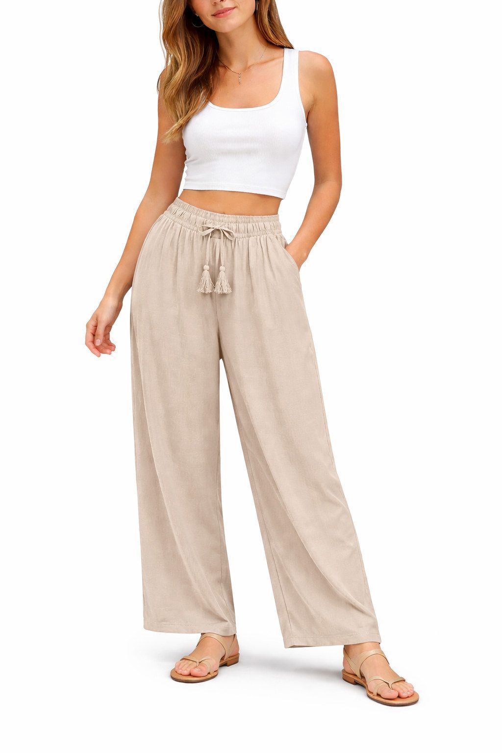 SUBLEVEL Chinos Damen Luftige Sommerhose Freizeit Weit geschnitten Stoffhose Musselin