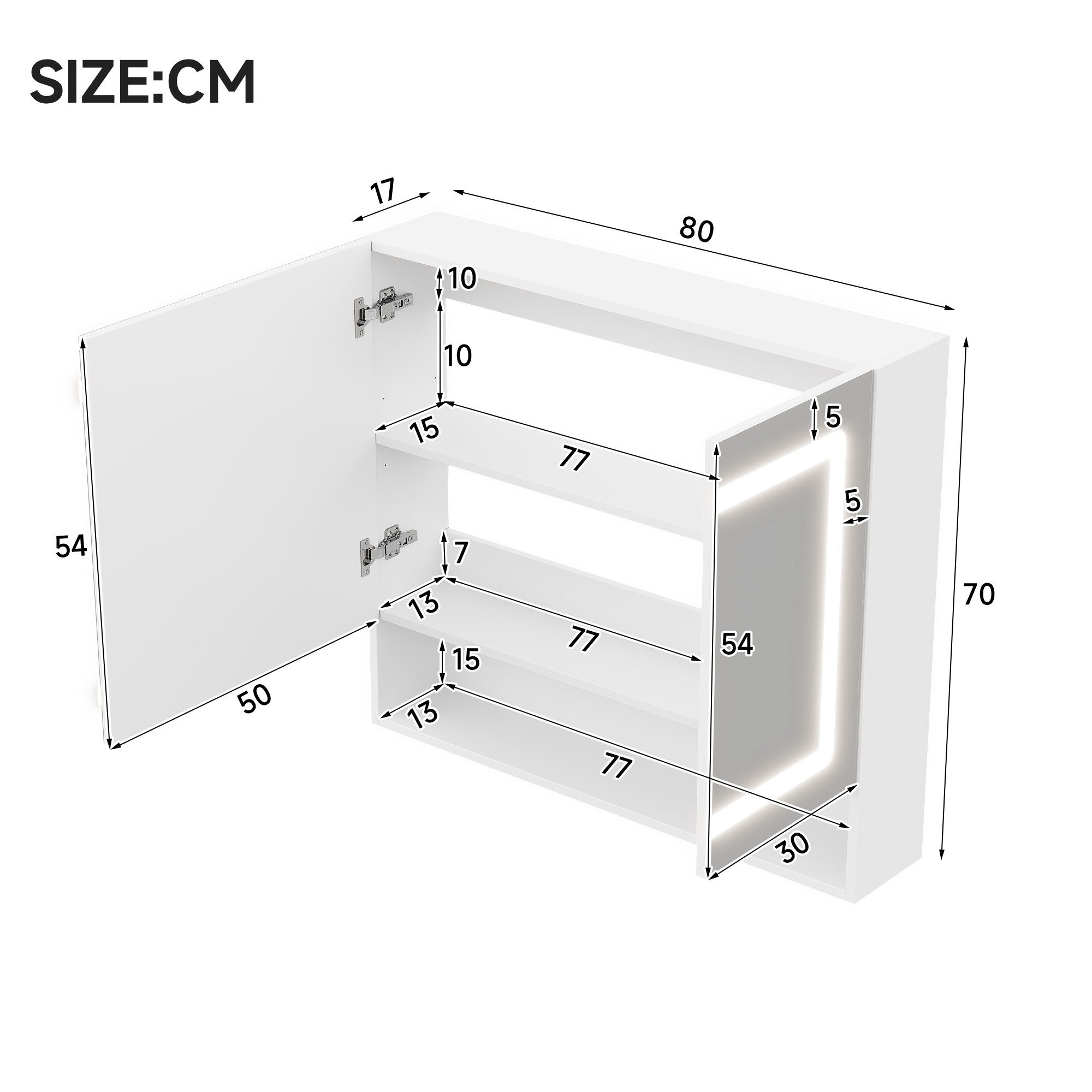 Flieks Badezimmerspiegelschrank Spiegelschrank mit Doppeltür, Ein-Knopf-Entfeuchtung, LED-Beleuchtung (80x17x70 cm, 1-St., Entnebelungsfunktion, Helligkeit eins – Bild 5 von 5