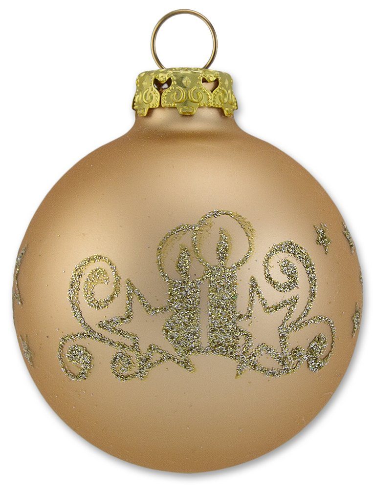 Thüringer Glasdesign Weihnachtsbaumkugel Gold mit Glitzer Dekor Kerzen Motiv - Christbaumkugeln aus Glas (12 St), aus Glas