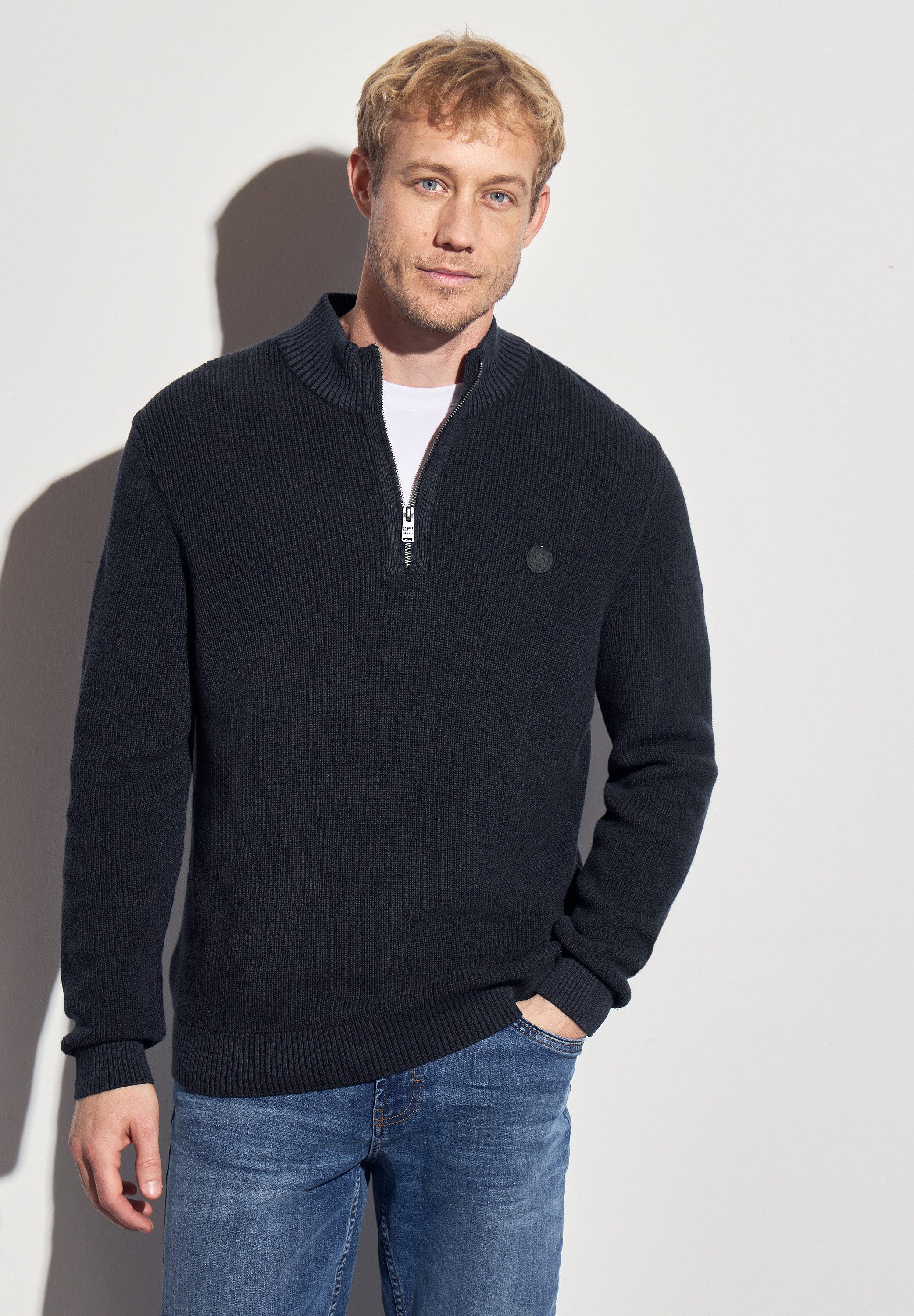 STREET ONE MEN Stehkragenpullover aus reiner Baumwolle