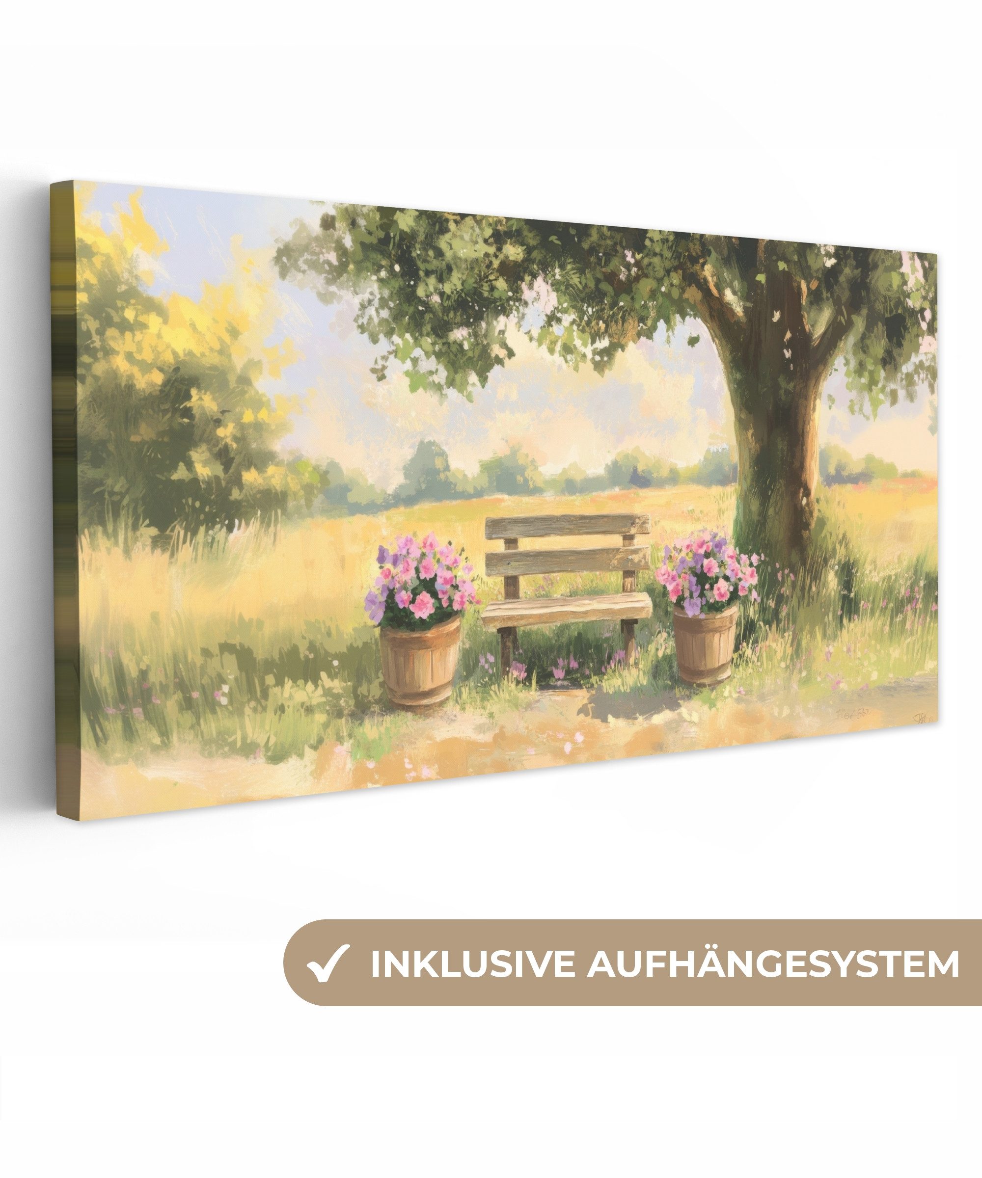 OneMillionCanvasses® Leinwandbild Panorama Holzbank - Blumentöpfe günstig online kaufen