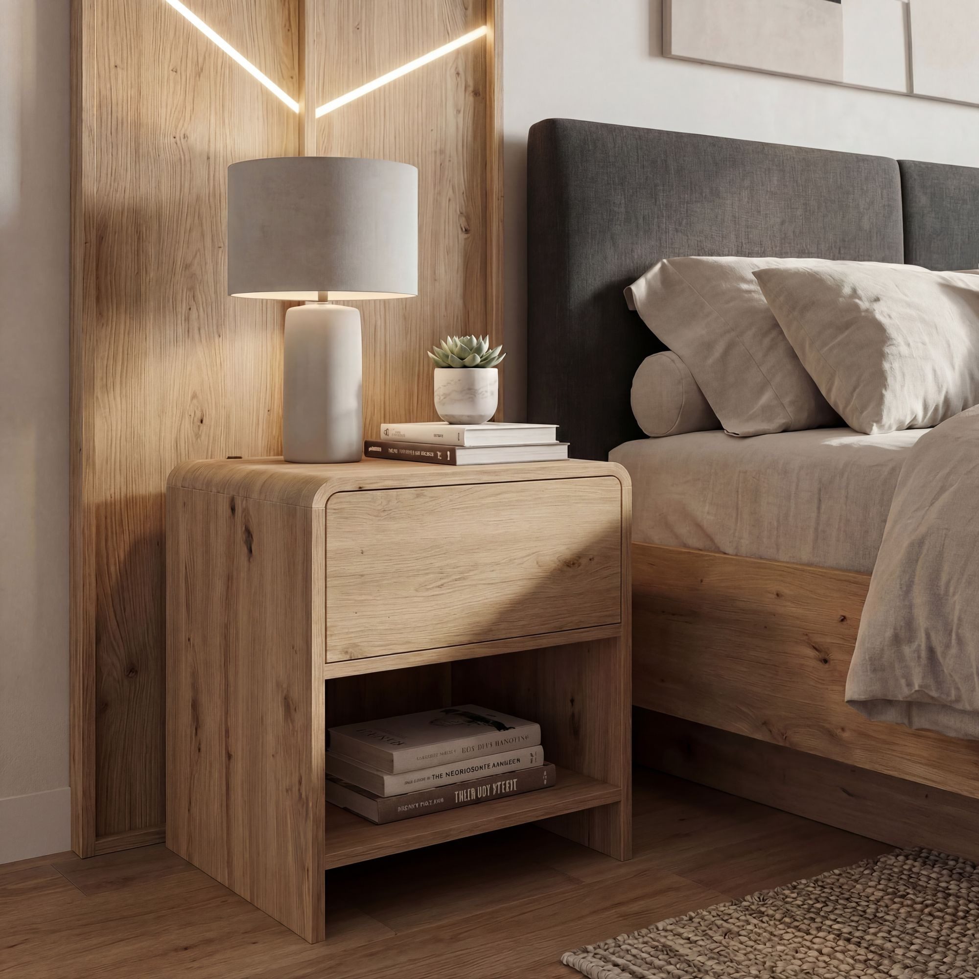 FINEBUY Nachttisch FB116814 Nachttisch Nachtkästchen Boxspringbett 50cm Eiche Dekor Schub (Moderne Nachtkonsole in warmer Eiche-Optik), Praktische Schublade und ein offenes Ablagefach