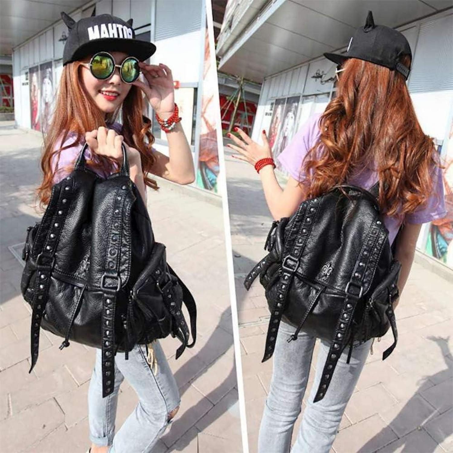 LuxusKollektion Notebook-Rucksack Damen Punk Rucksackhandtasche Niet Schwarz PU Leder Teenager Tag