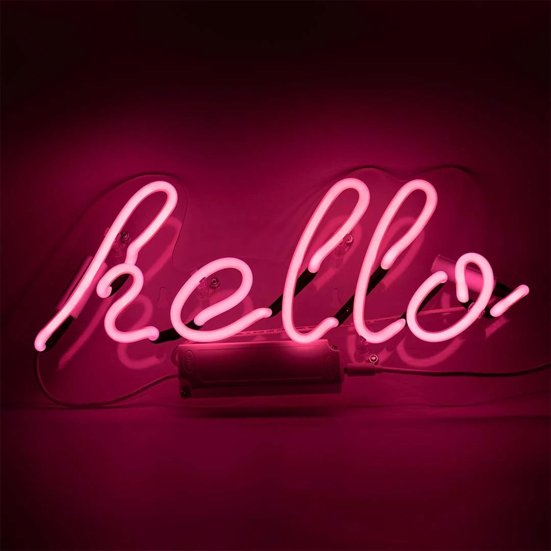 TOM NEON Dekolicht "Hello" Glas Wand Neon Schild Stimmungslicht Neonlampe, TOM NEON, Neonröhre, Blau, Gelb, Pink, Handgefertigt