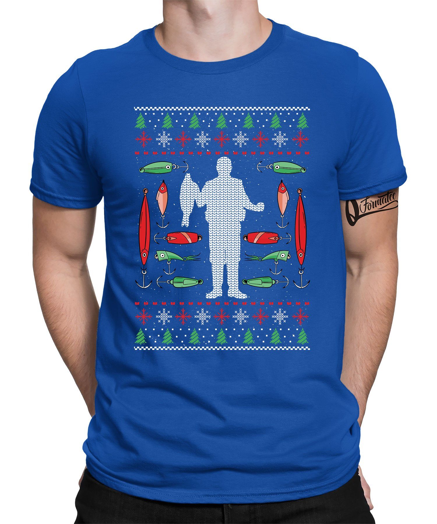 Quattro Formatee Fischen Christmas X-mas Blau Kurzarmshirt (1-tlg) - Christmas Weihnachten Angeln Angler Ugly