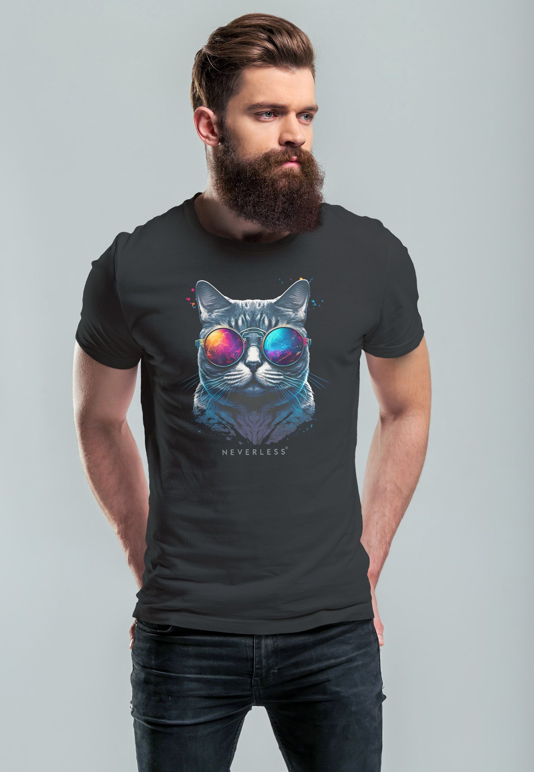 Herren Katze Aufdruck Sommer T-Shirt anthrazit Neverless Cat Sonnenbrille mit Pr Fashion Print Style Print-Shirt