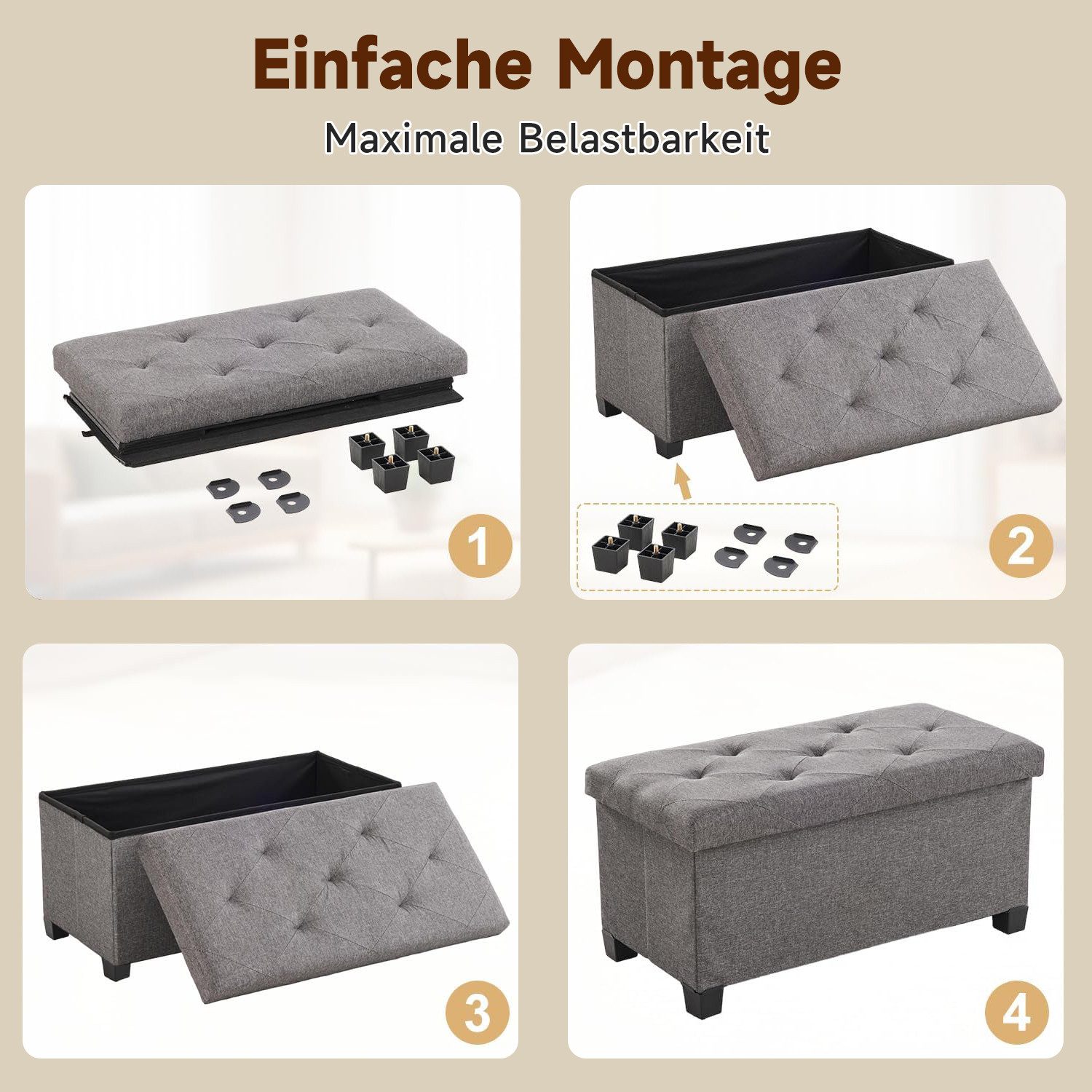 Refined Living Sitzhocker Sitzbank mit Stauraum Schuhbank Spielzeugtruhe Fußhocker Ottomane (Sitzhocker Klappbare Aufbewahrungs-Ottomane Bank Aufbewahrungsbox,  – Bild 5 von 5