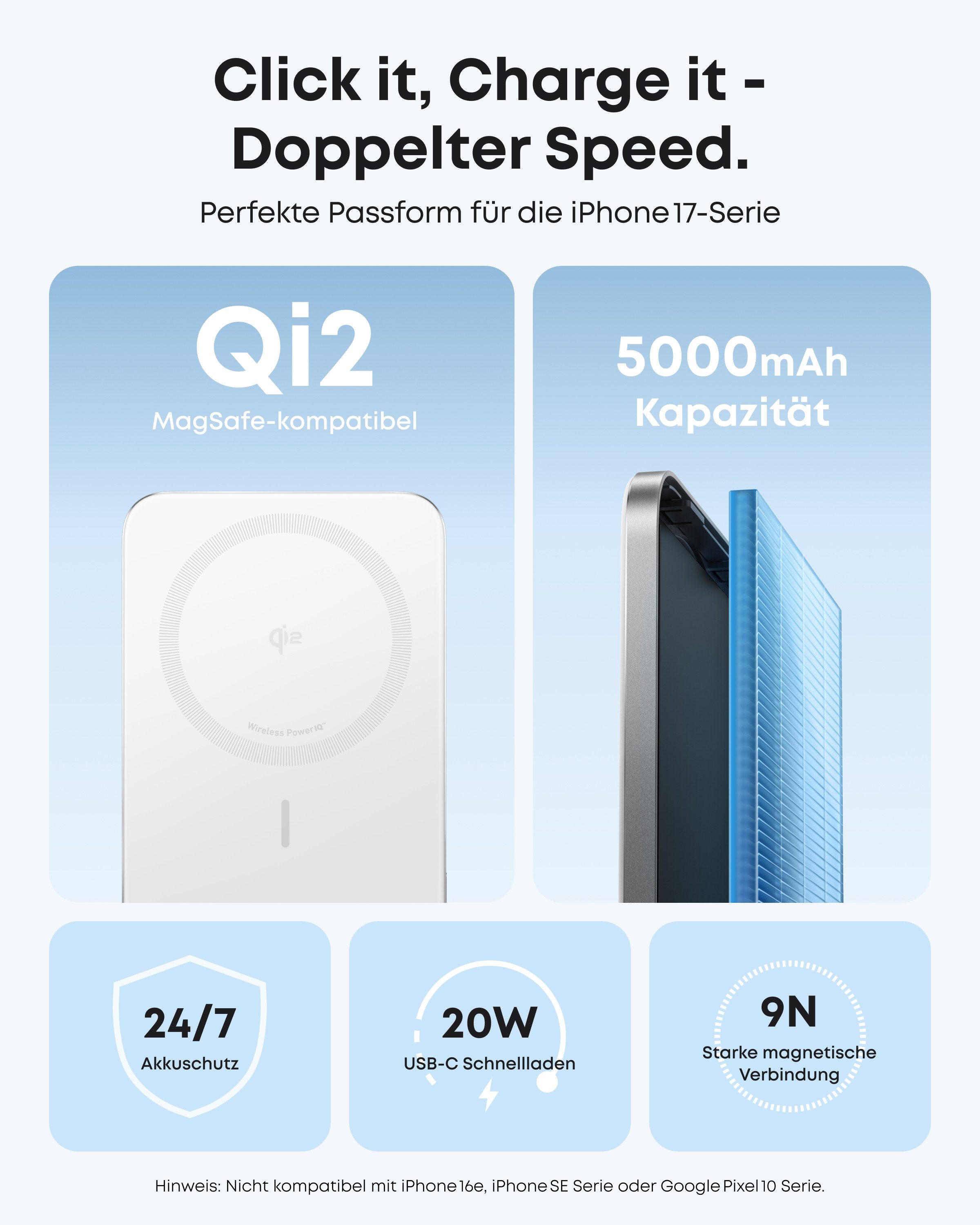 Anker Anker Nano Powerbank, Qi2-zertifiziert, 5000mAh Magnet- Powerbank 15W Max ultraschnelles Laden, MagSafe-kompatibel, tragbares Ladegerät 5000 mAh (5 V), Kabelloses Laden, für iPhone 17/16/15/14/13