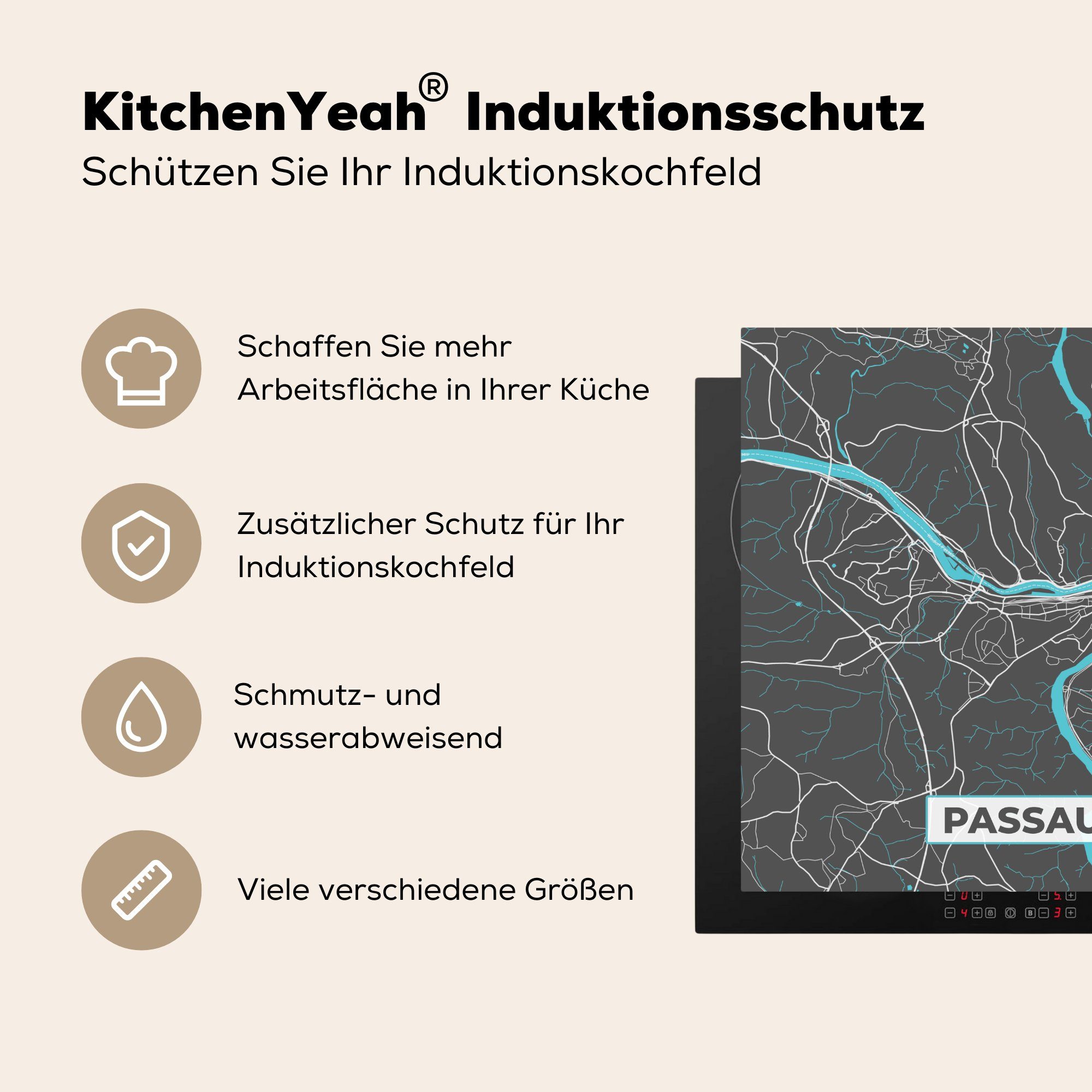 Ceranfeldabdeckung, 78x78 Karte für küche - Deutschland Herdblende-/Abdeckplatte - Stadtplan Blau, Passau cm, - (1 - Arbeitsplatte MuchoWow tlg), Vinyl,