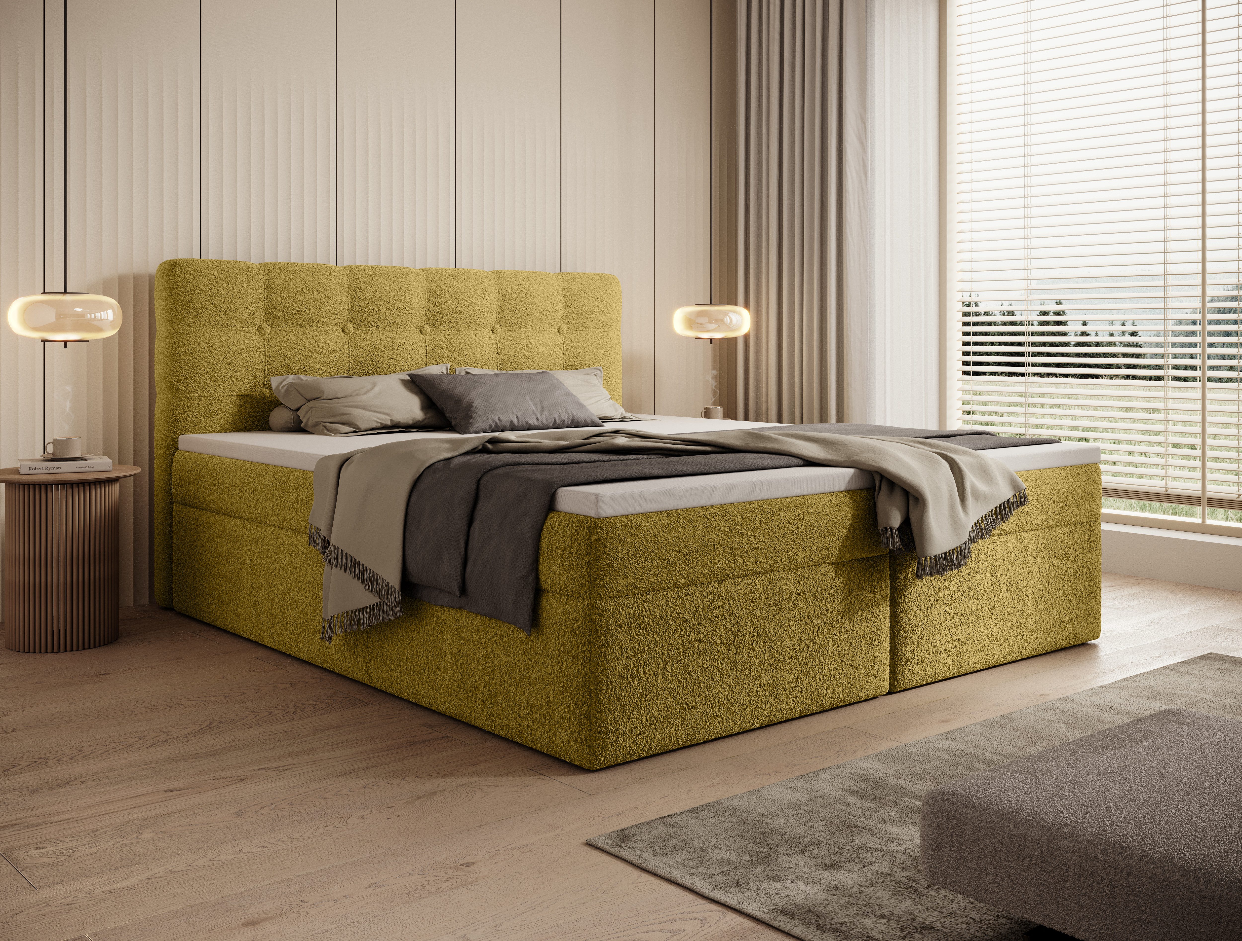 thematys Boxbett Luxus mit Bettkasten 140x200–200x200cm - Velours oder Bouclé Bezug (Polsterbett Bonnellfederkern Matratze H3 + Gratis 3cm Topper, – Doppelbett mit Stauraum - Boxbett)