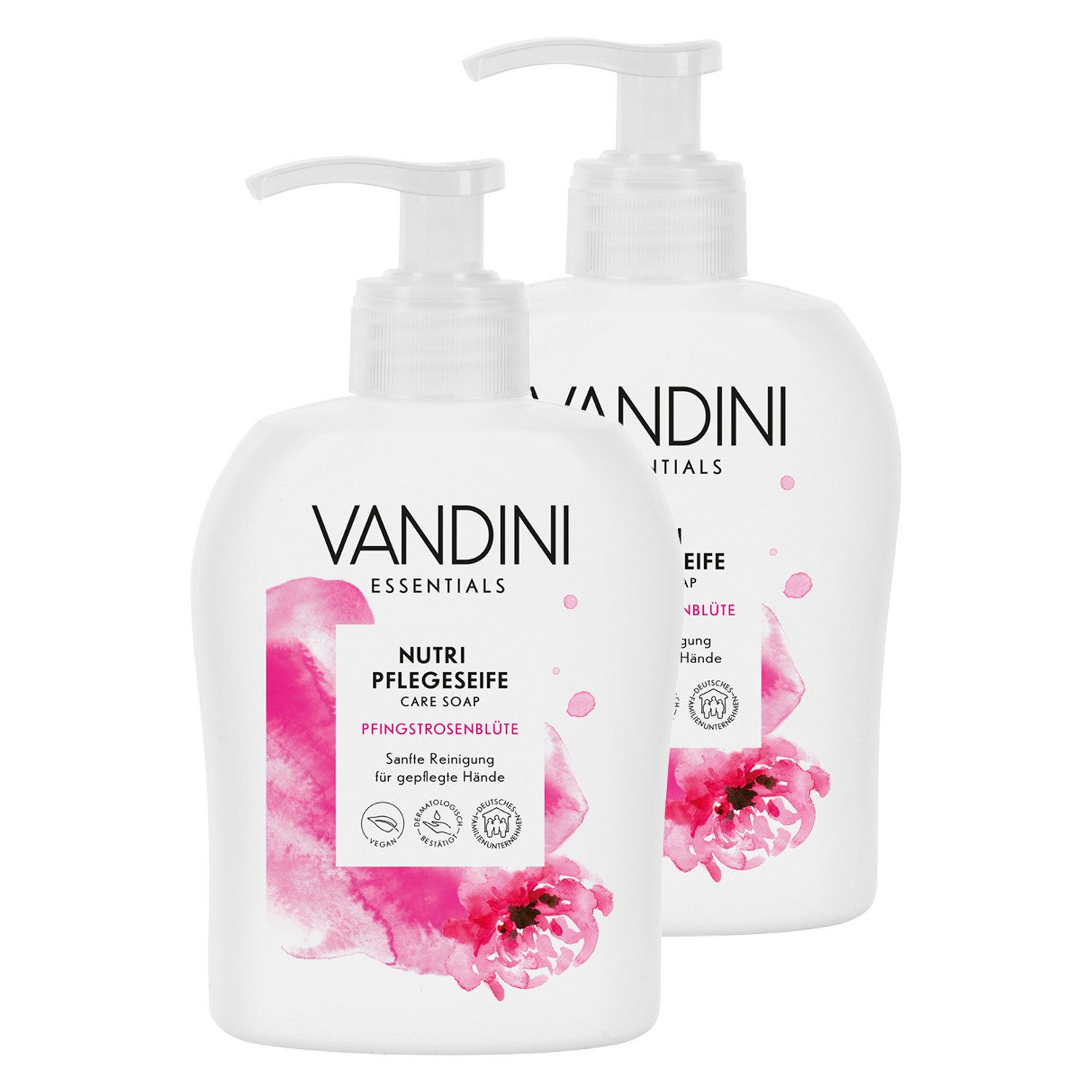 VANDINI Flüssigseife Nutri Flüssigseife Spender mit Pfingstrosenblüte Duft, vegan, 600ml, 2-tlg.