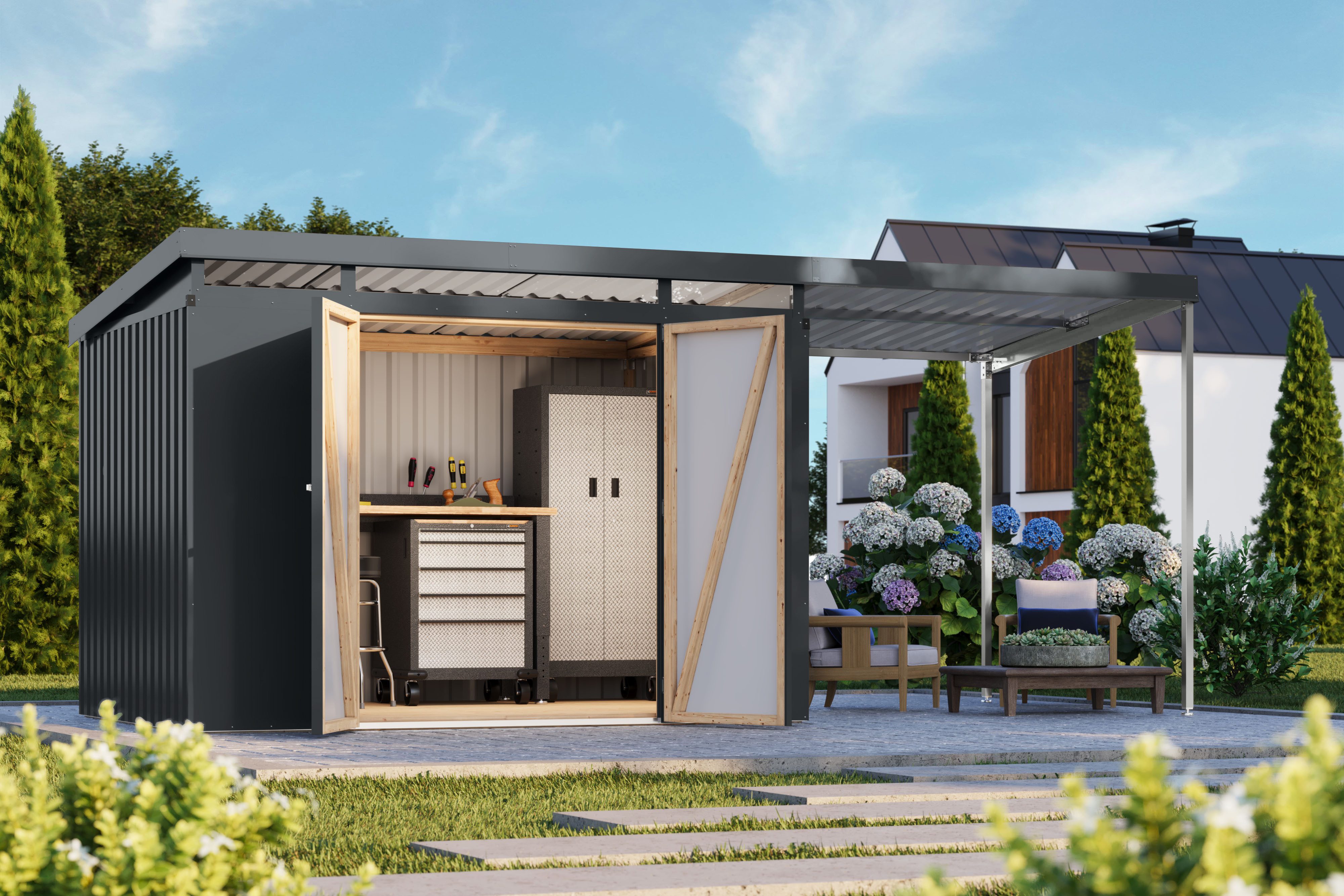 Karibu Gerätehaus Argonium 3 SET mit Anbaudach, BxT: 497x209 cm, Made in Germany