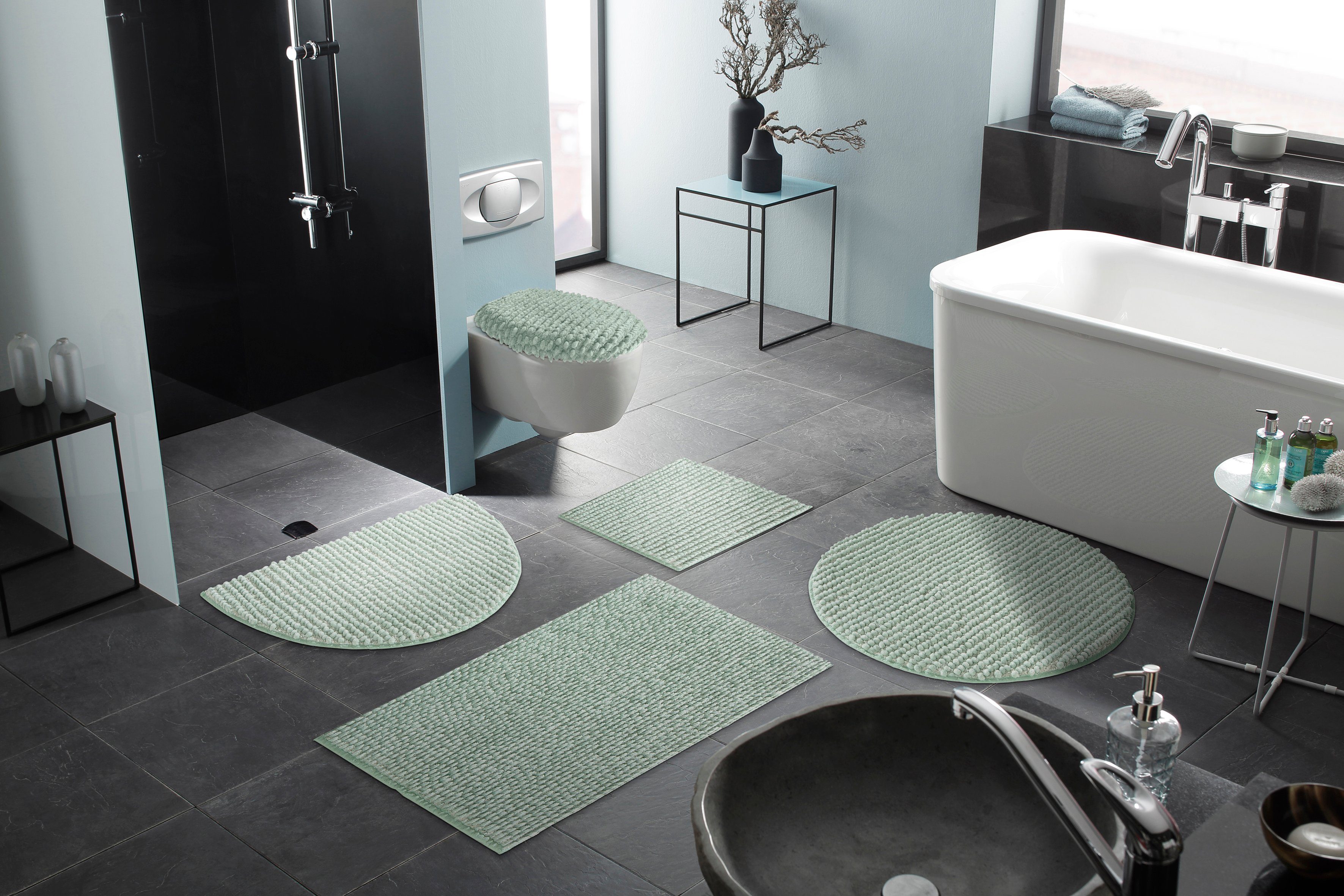 my home Badematte Renat, Badvorleger, Badezimmer Teppich, Scandi, Höhe 15 mm, fußbodenheizungsgeeignet, schnell trocknend, strapazierfähig, Materialmix, halbrund, Badteppich, Badgarnitur, Chenille-Optik, auch als 3 tlg. Set
