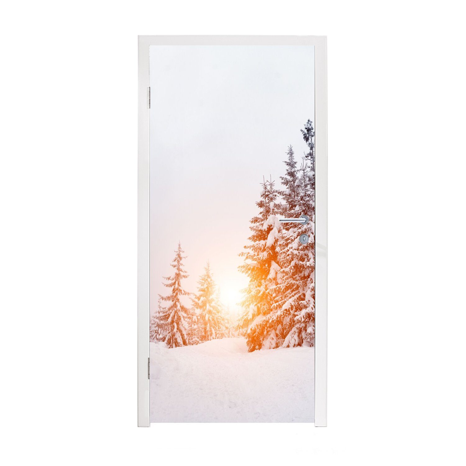 MuchoWow Türtapete Sonne - Bäume - Schnee, Matt, bedruckt, (1 St), Fototapete für Tür, Türaufkleber, 75x205 cm