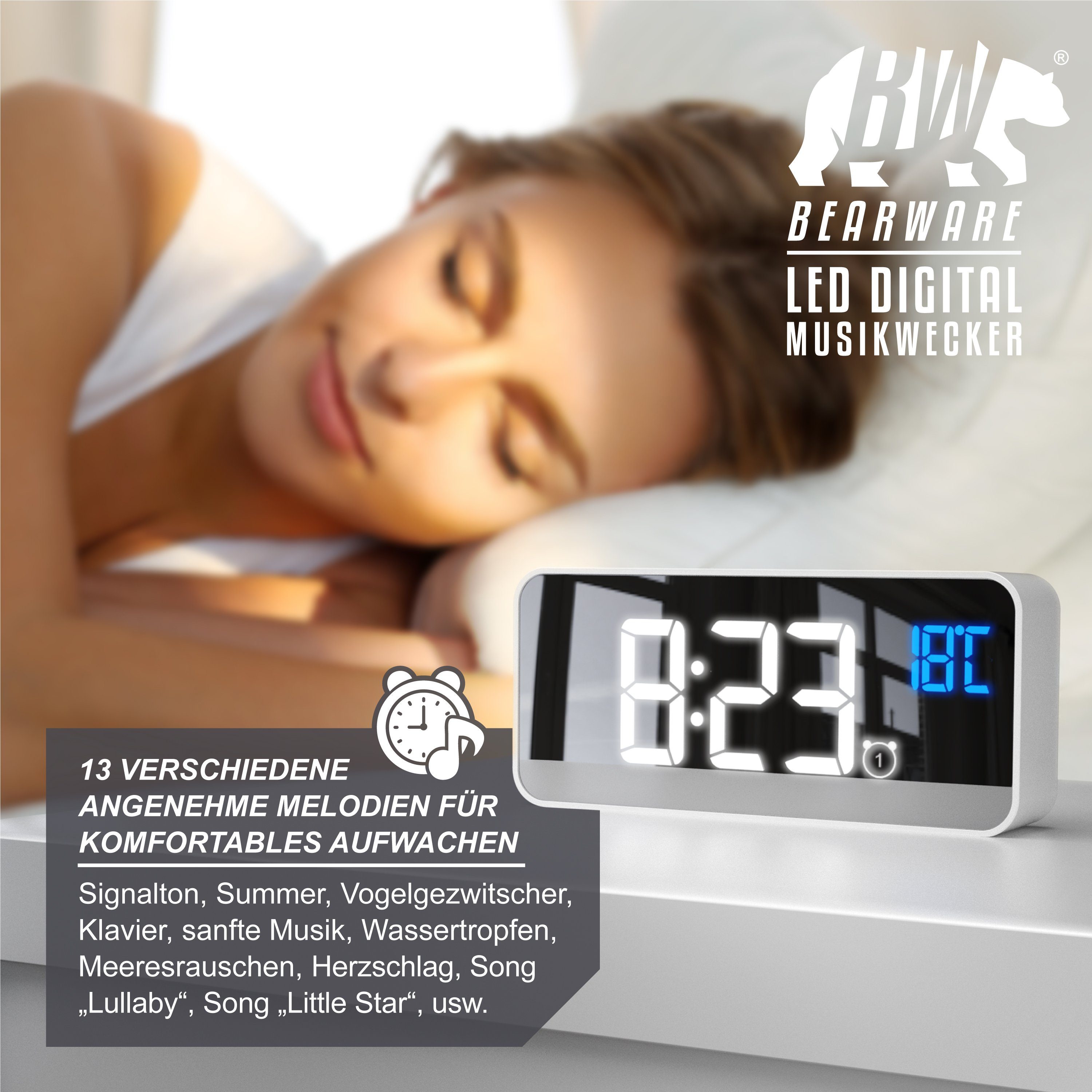 BEARWARE Wecker mit Netzteil & Akku, Musikwecker, Reisewecker mit Temperaturanzeige 13 Songs & Klingeltöne, 2 Alarme, Schlummerfunktion, dimmbar, 2200 mAh