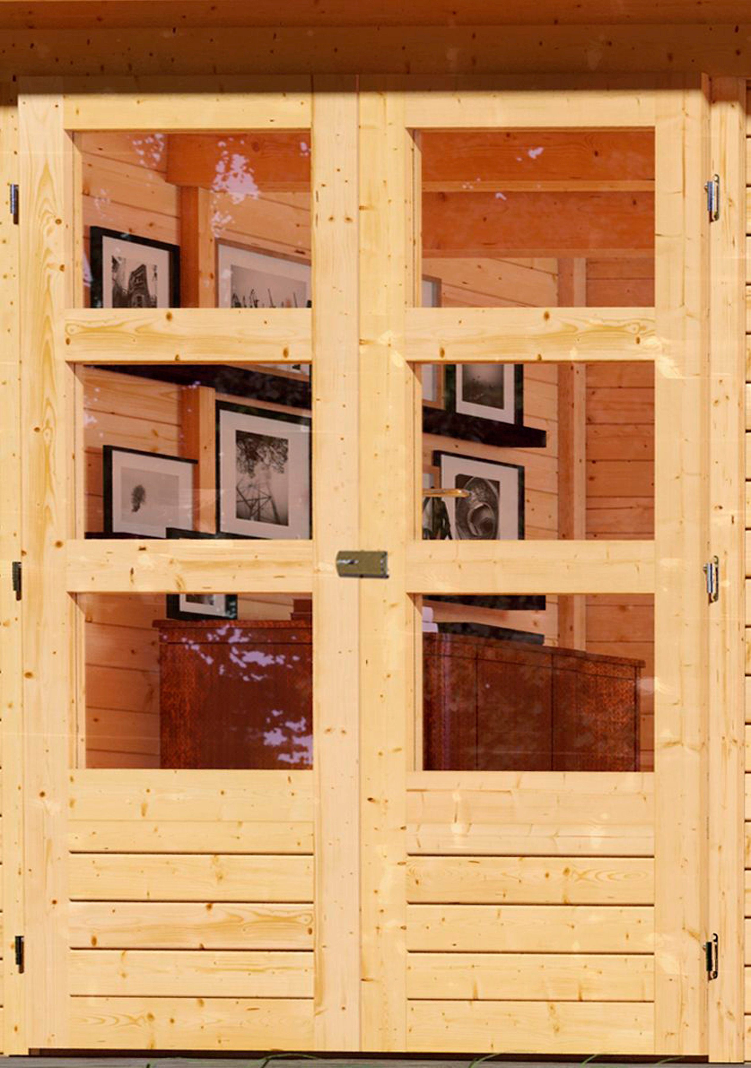 Karibu Gartenhaus "Arnis 5" SET anthrazit mit Anbaudach 2,80 m Breite, BxT: 302x246 cm, (Set), aus hochwertiger nordischer Fichte