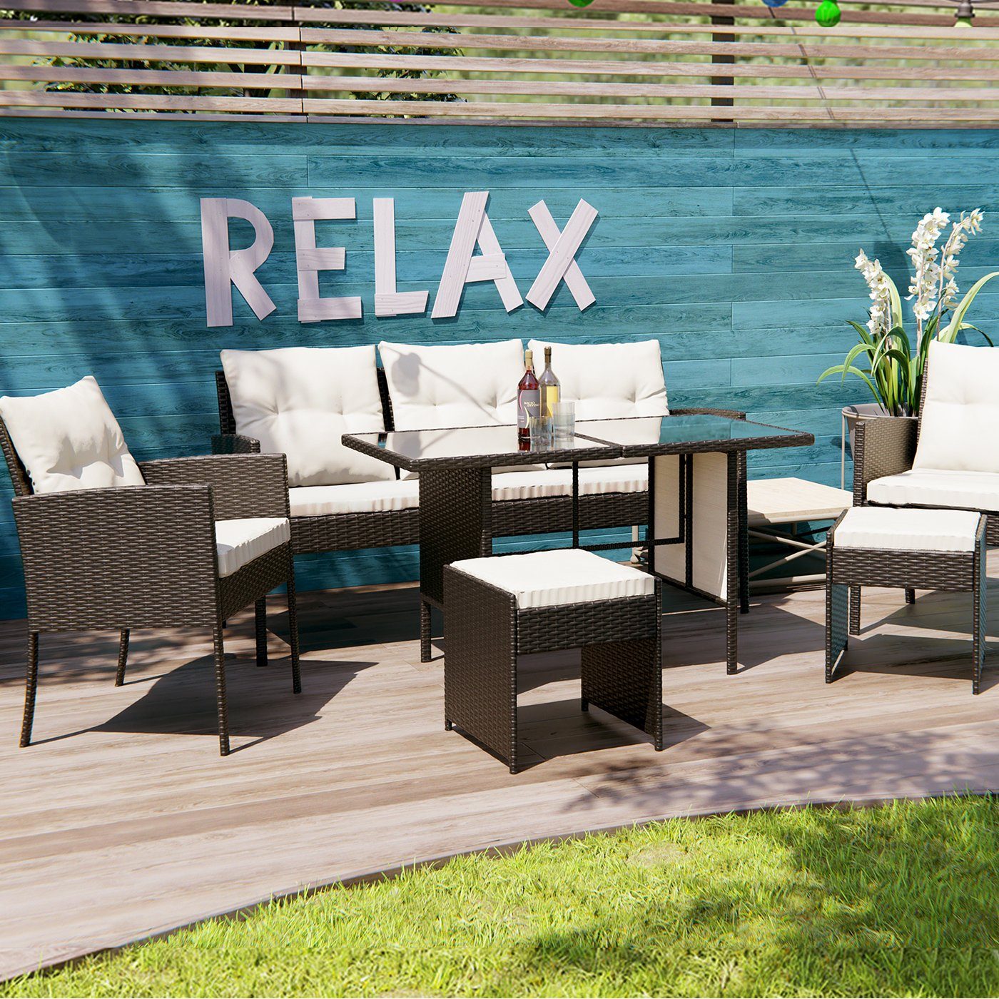 Swing&Harmonie Sitzgruppe Poly Rattan Sitzgarnitur Sydney Esstisch Lounge, (Gartenmöbel Garten-Garnitur Set, 1x Tisch + 2x Стулья + 1x Sitzbank + 2x Табуретки)