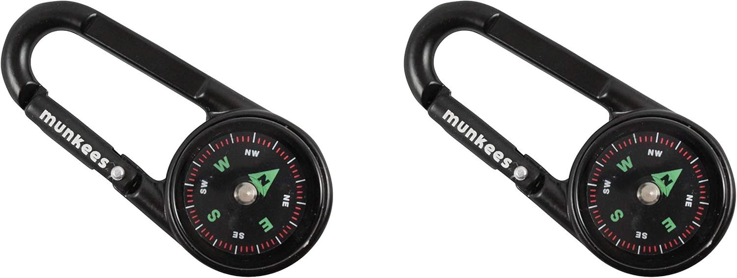 Munkees Kompass Karabiner mit Thermometer schwarz Doppelpack, Karabiner mit Kompass und integriertem Thermometer