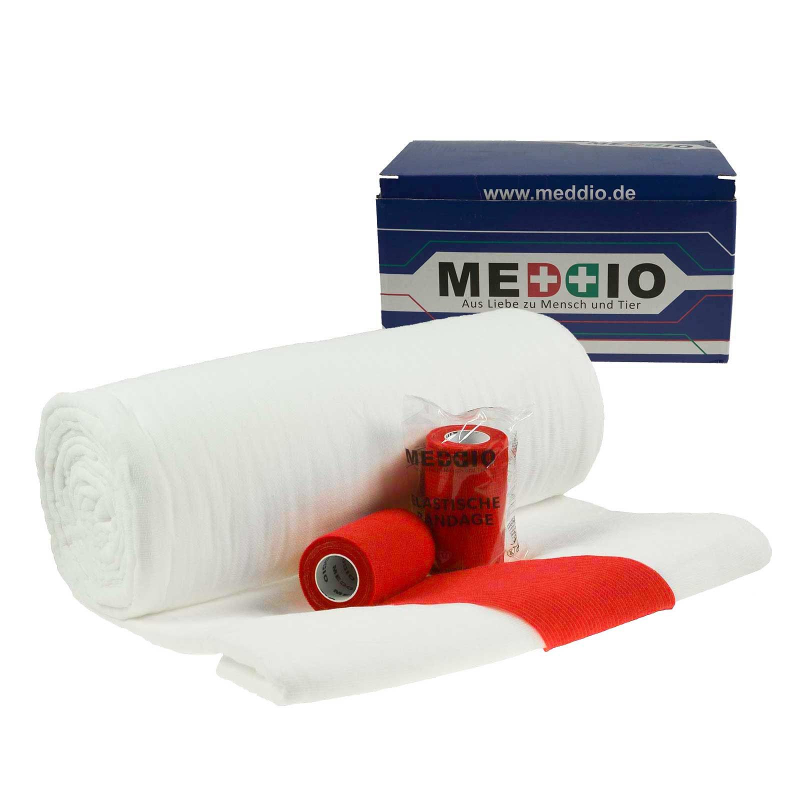 Pferdebandage Sparpaket Bandagierwatte Verbandwatte 40cm + 12 Haftbandagen 10cm rot