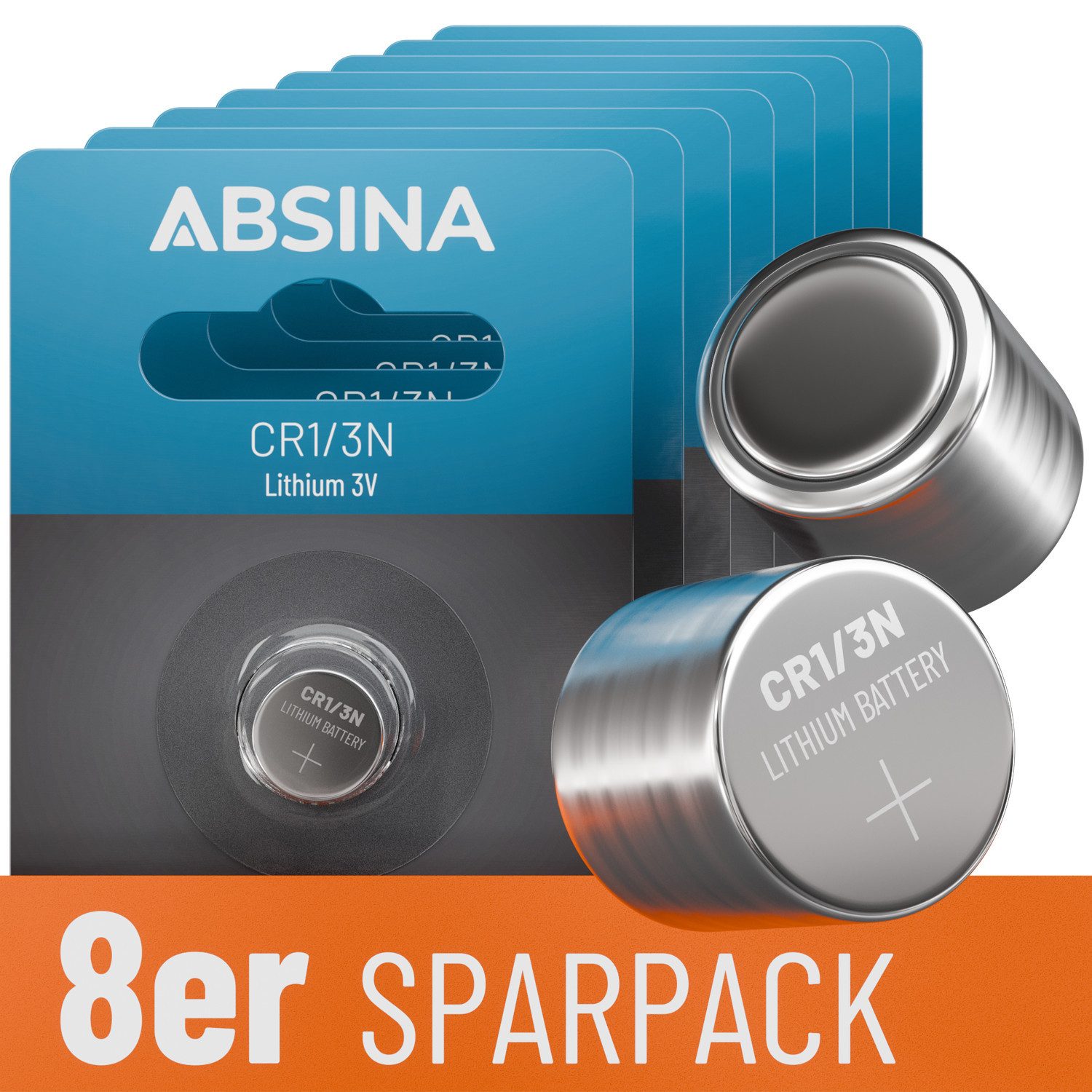 ABSINA 8x CR1/3N Batterie Lithium 3V - Batterie CR11108 auslaufsicher Knopfzelle, (8 St)