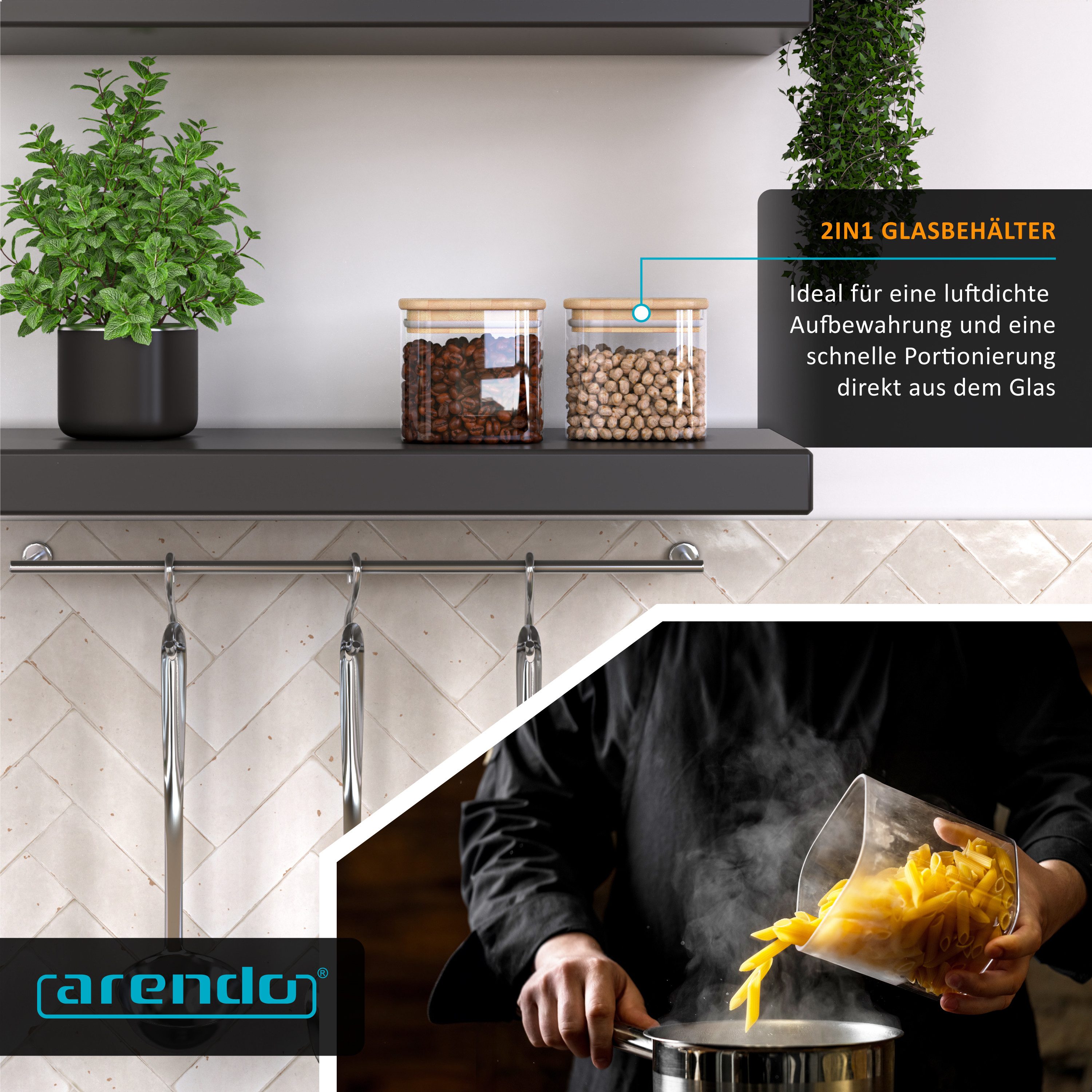 Arendo Aufbewahrungsbecher Glasbehälter-Set 8x 0,8 L Borosilikatglas mit Bambusdeckel, luftdicht, Borosilikatglas, Bambus, Silikon, (Vorratsbehälter-Set, 8-tlg. – Bild 5 von 5
