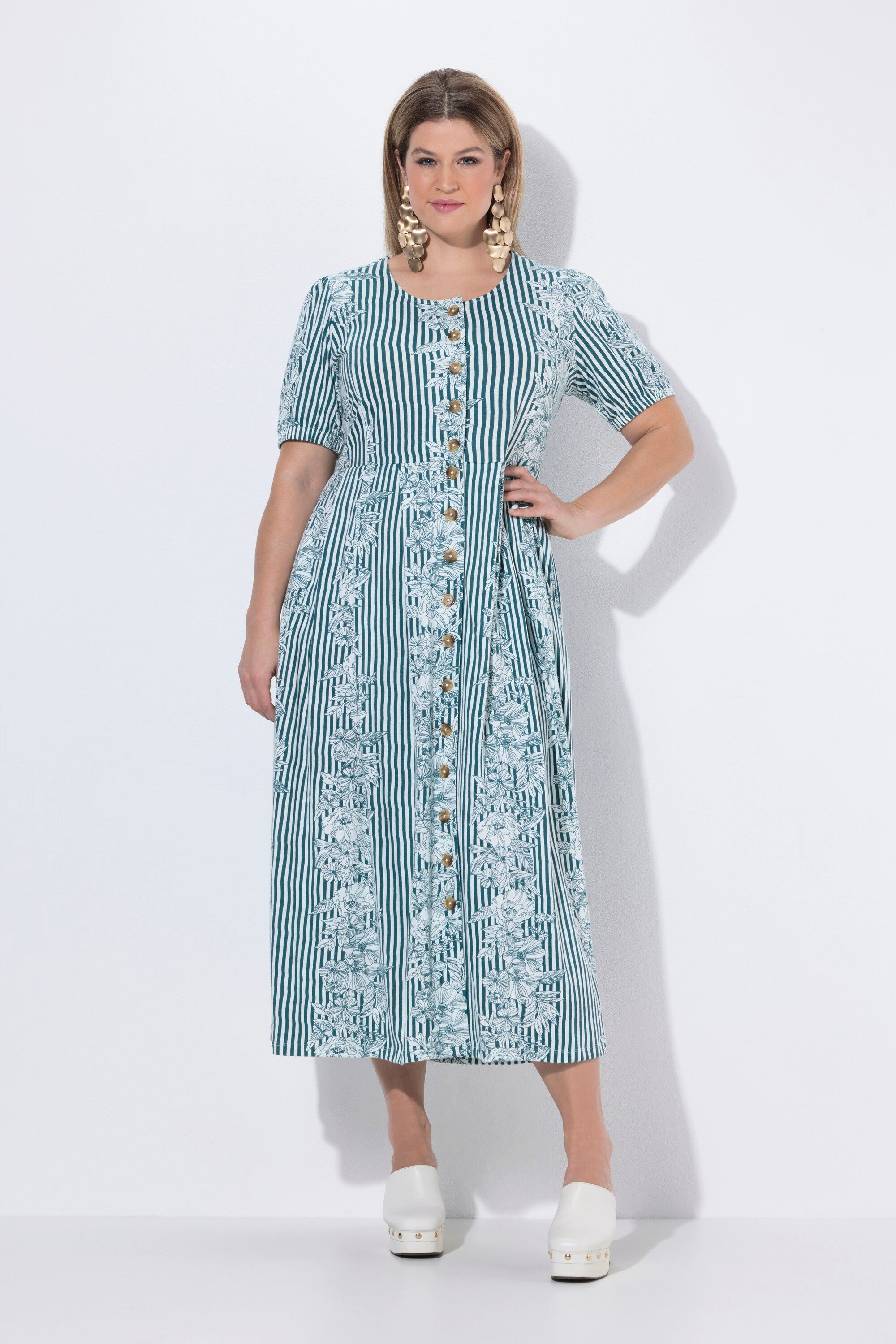 Ulla Popken Dirndl Jersey-Maxikleid Blüten Rundhals Halbarm günstig online kaufen