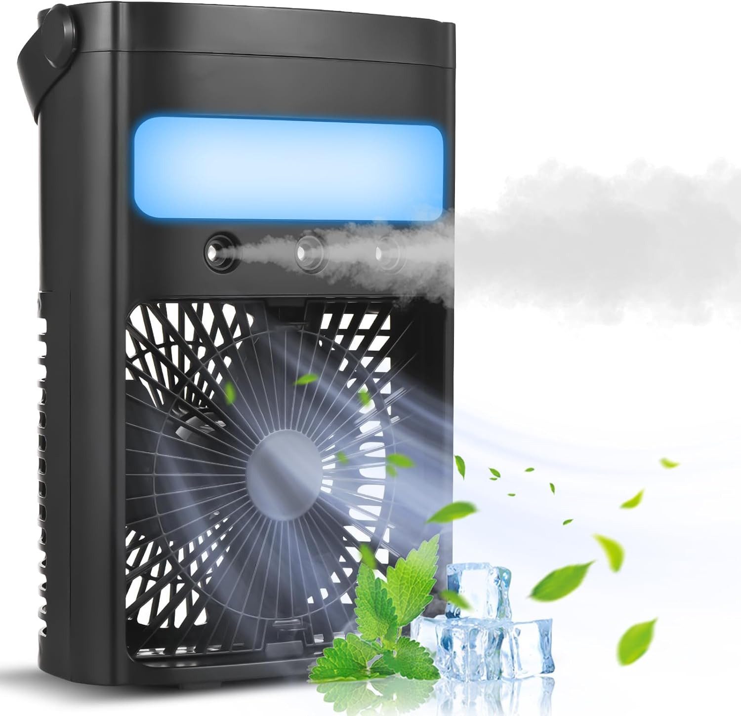 MOPUEA Ventilatorkombigerät Klimaanlage Mobil, Tragbarer Kühlventilator, 700 ml Luftkühler, mit 7-farbigem LED-Licht, 2/4 Stunden-Timer, 3 Windgeschwindigkeiten